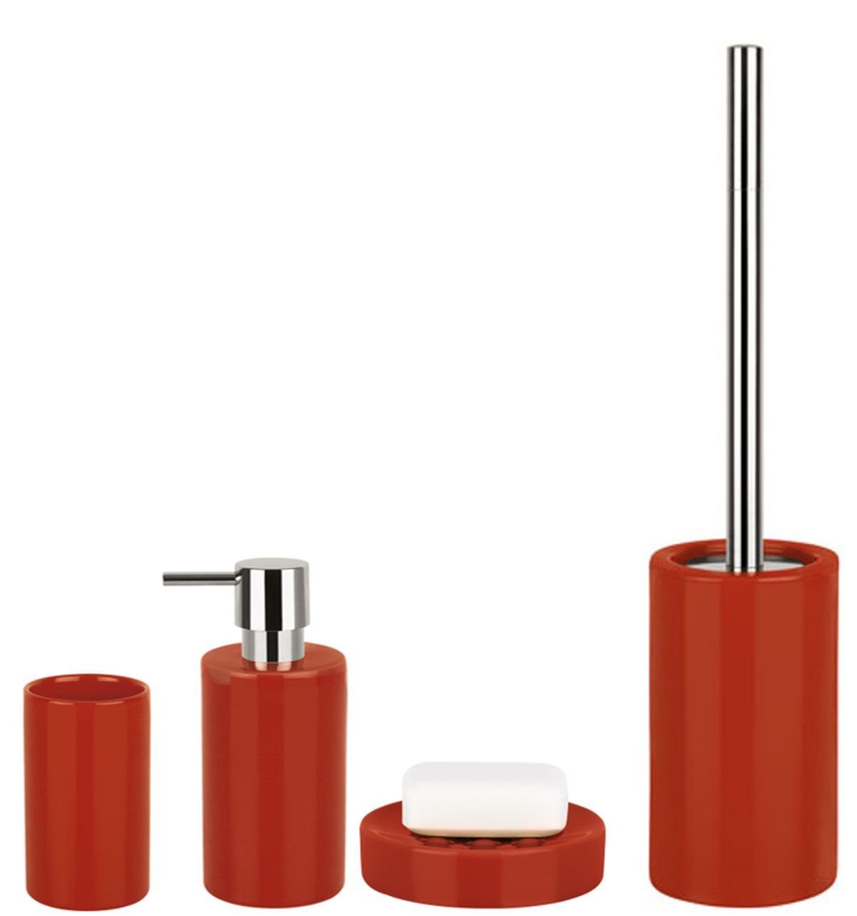 spirella Badaccessoires-Sets TUBE, Zubehör-Set aus hochwertiger Keramik, 4 tlg., bestehend aus: WC-Bürste, Seifenspender 300 ml, Zahnputzbecher, Seifenschale, elegante Glanz-Optik, rot, Komplett-Set Badezimmerzubehör, 4 tlg., 4-tlg., Zubehör-Set aus hochwertiger Keramik, elegante Glanz-Optik, rot