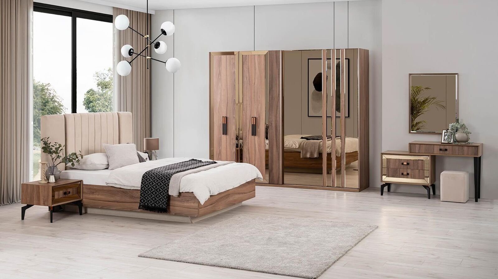 JVmoebel Schlafzimmer-Set Luxus Doppelbett Schlafzimmer Garnitur Bett Holz Set 7tlg Braun Modern, (Bett / Nachttische / Kleiderschrank / Kommode / Spiegel / Hocker), Made In Europe