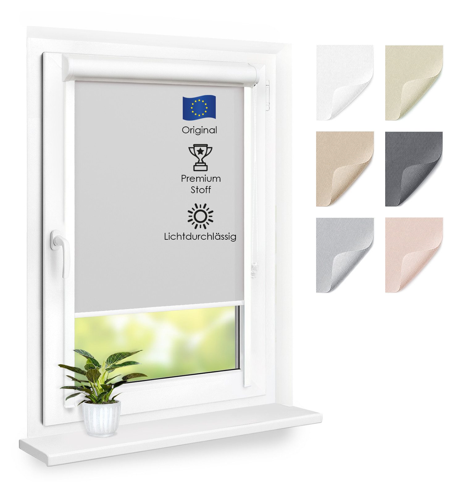 Rollo Premium Kassettenrollo mit Seitenschienen, Fensterrollo, DomDeco, blickdicht, ohne Bohren, durch Kleben oder Schrauben, Lichtdurchlässig, Rollo mit Seitenführung, Seitenzugrollo