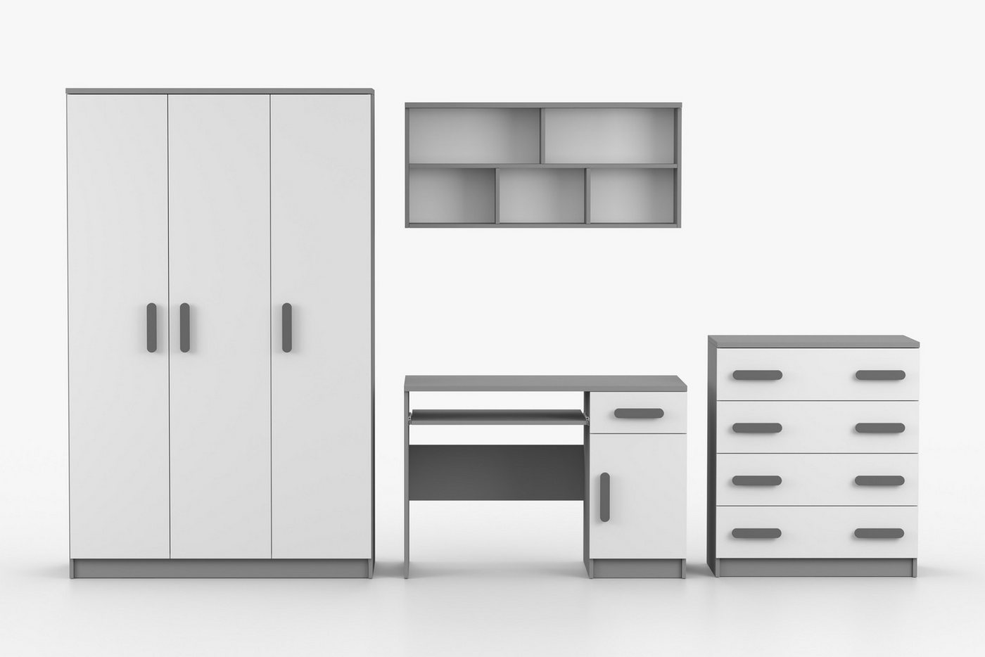 Deine Möbel 24 Jugendzimmer-Set INGE B Kinderzimmer Set Möbel für Kinder & Jugendliche, (Set (19 + 8 + 9 + 2), 3-tlg., in Weiß Dunkelgrau Eiche Sonoma), inkl. Kleiderschrank, Schreibtisch, Kommode & Wandregal