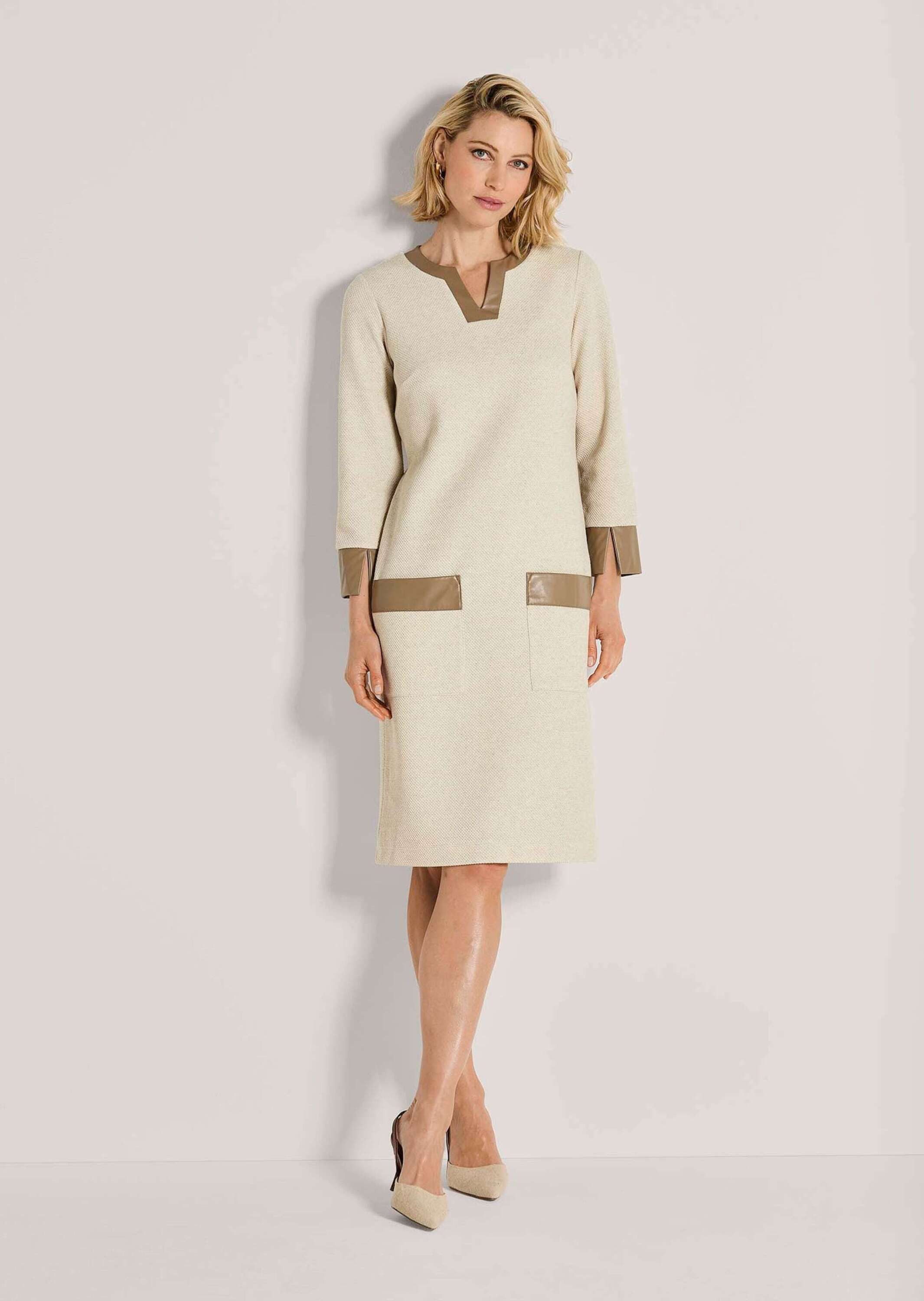 MADELEINE Midikleid Elegantes Kleid mit Lederakzenten Baumwollkleid mit V-Ausschnitt und 3/4-Ärmeln
