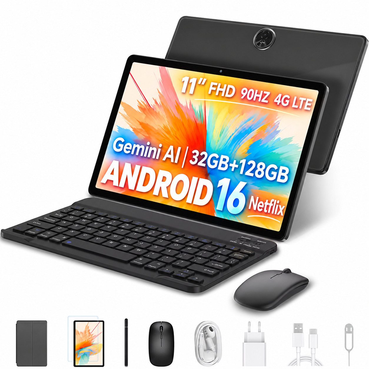 blackview 11 Zoll ZENO 5 Android 16 Tablet 90Hz mit Tastatur Stift Maus Tablet (128 GB, 4G LTE, PC 3,0, Widevine L1, Octa-Core, DokeOS_P 5.0 A16, 32(8+24)GB)