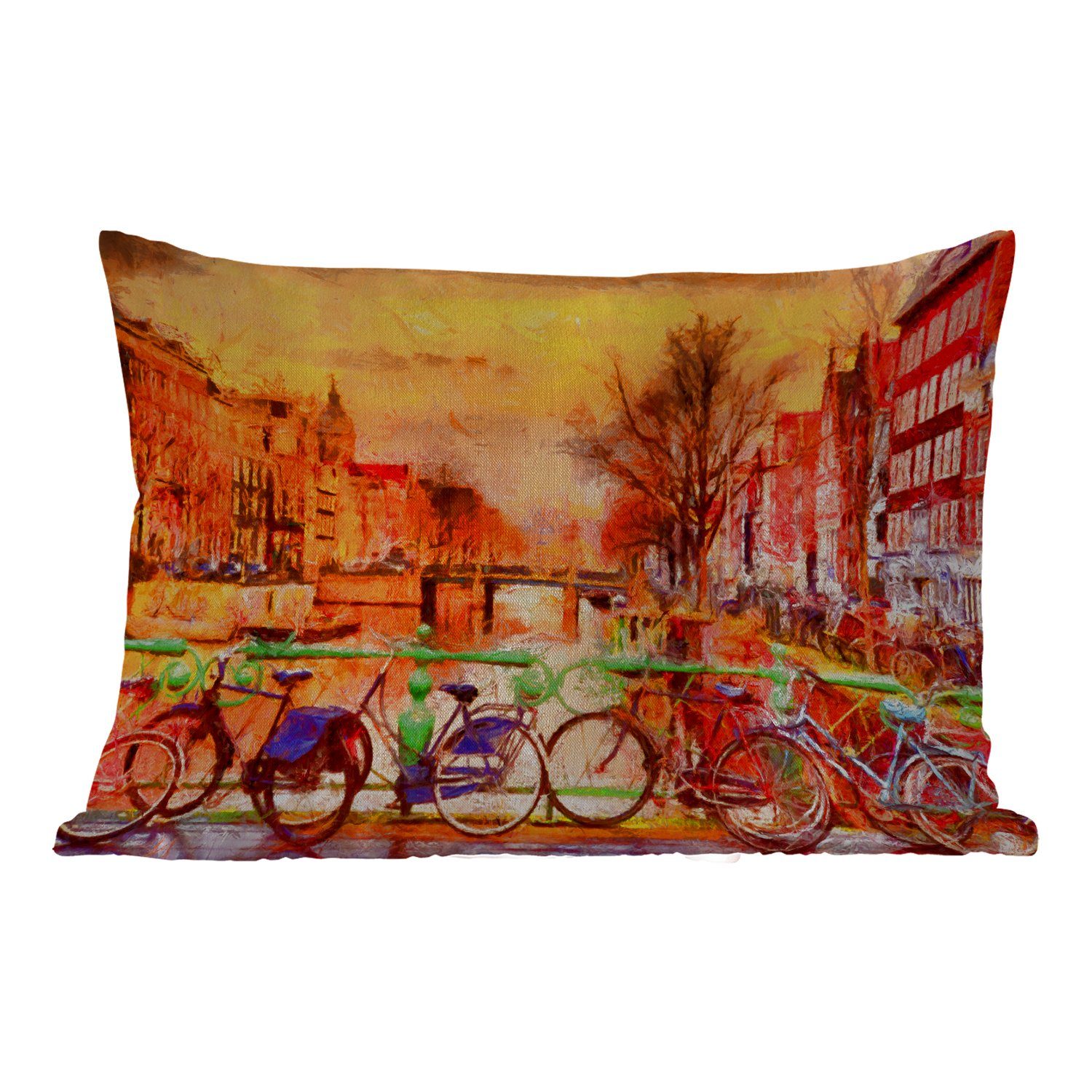 Kissenhülle - Dekokissen - Dekokissenbezug, Öl, - - Gemälde Fahrrad Gracht MuchoWow Outdoor-Dekorationskissen, Amsterdam Polyester,