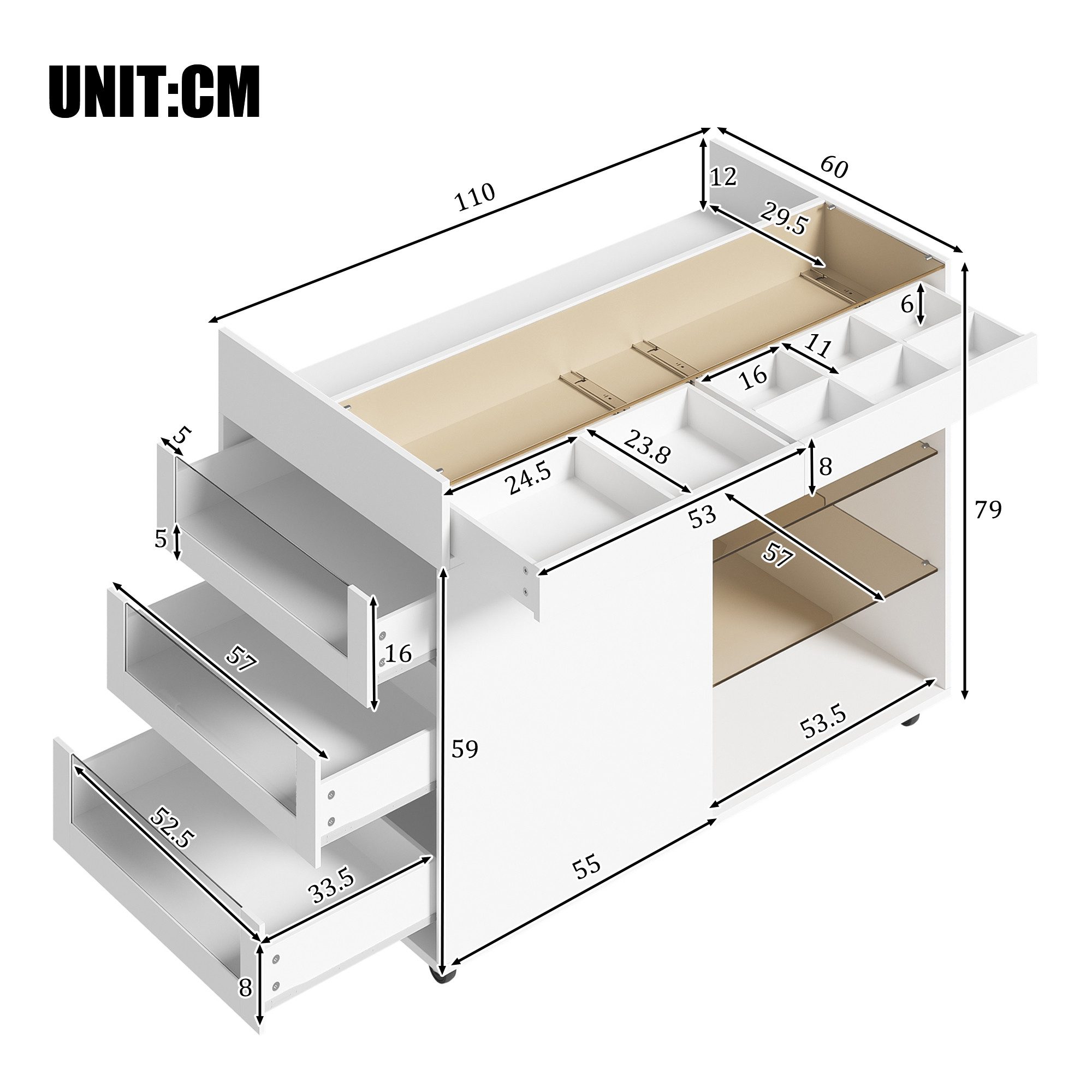 Merax Sideboard Schminktisch mit Glasplatte auf Rollen mit 5 Schubladen (1 St., Sideboard mit Stauraum), Multifunktional Kommode, Fächereinteilung, 110x60x79 cm – Bild 5 von 5