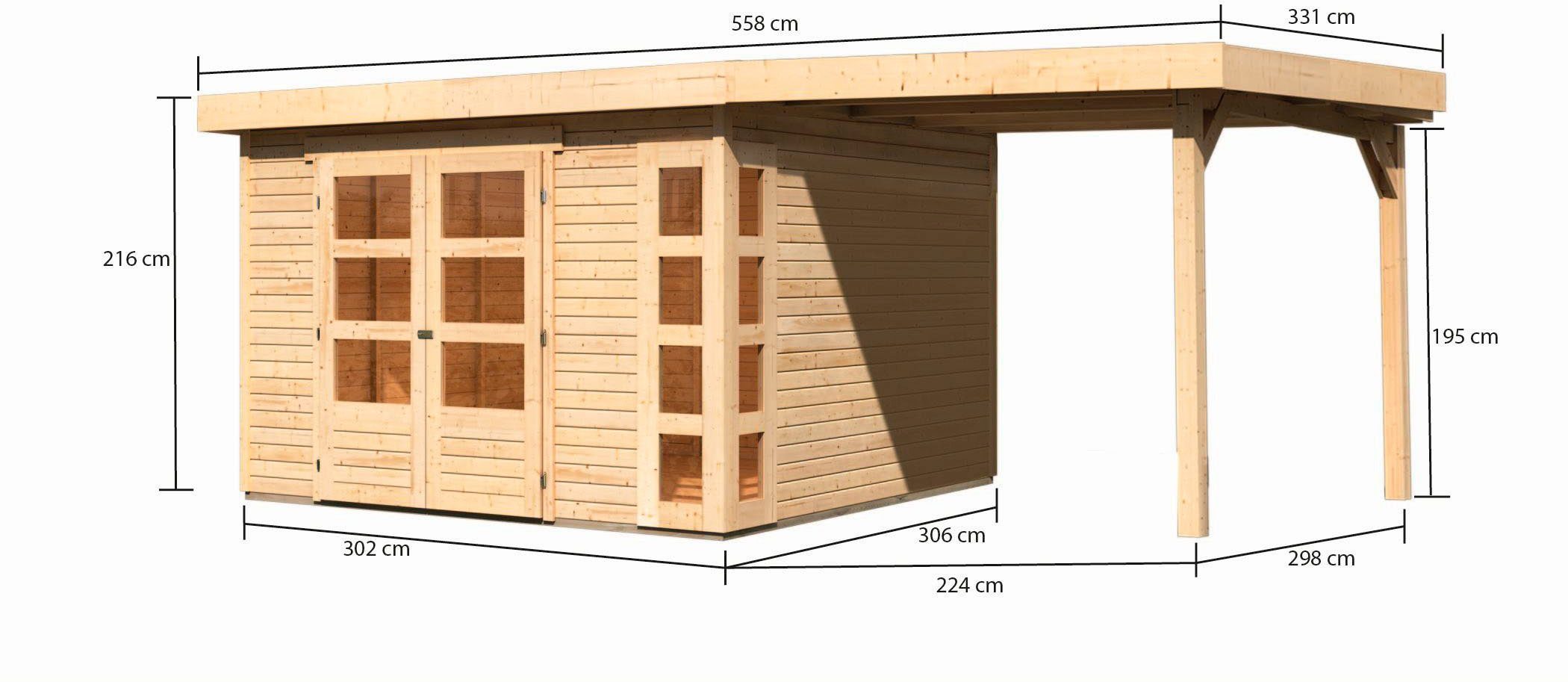 Karibu Gartenhaus Kerko 6, naturbelassen Anbaudach mit BxT: 558x331 cm