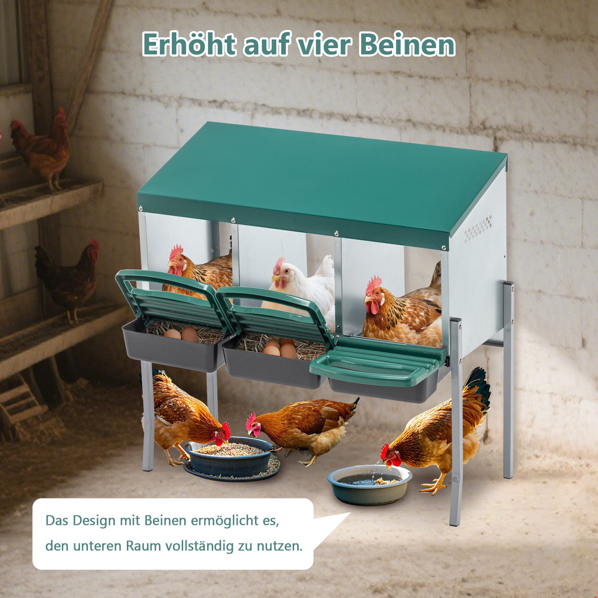 kowdom Hühnerstall Hühnernistkästen verzinkter Stahl, 3/4 Nester, mit Beinen, grün, Hühnernistkasten, Eierschutz-Design, zentrale Eiersammlung