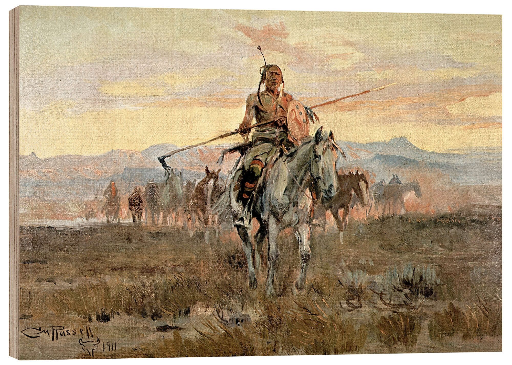 Posterlounge Holzbild Charles Marion Russell, Gestohlene Pferde, 1911, Malerei