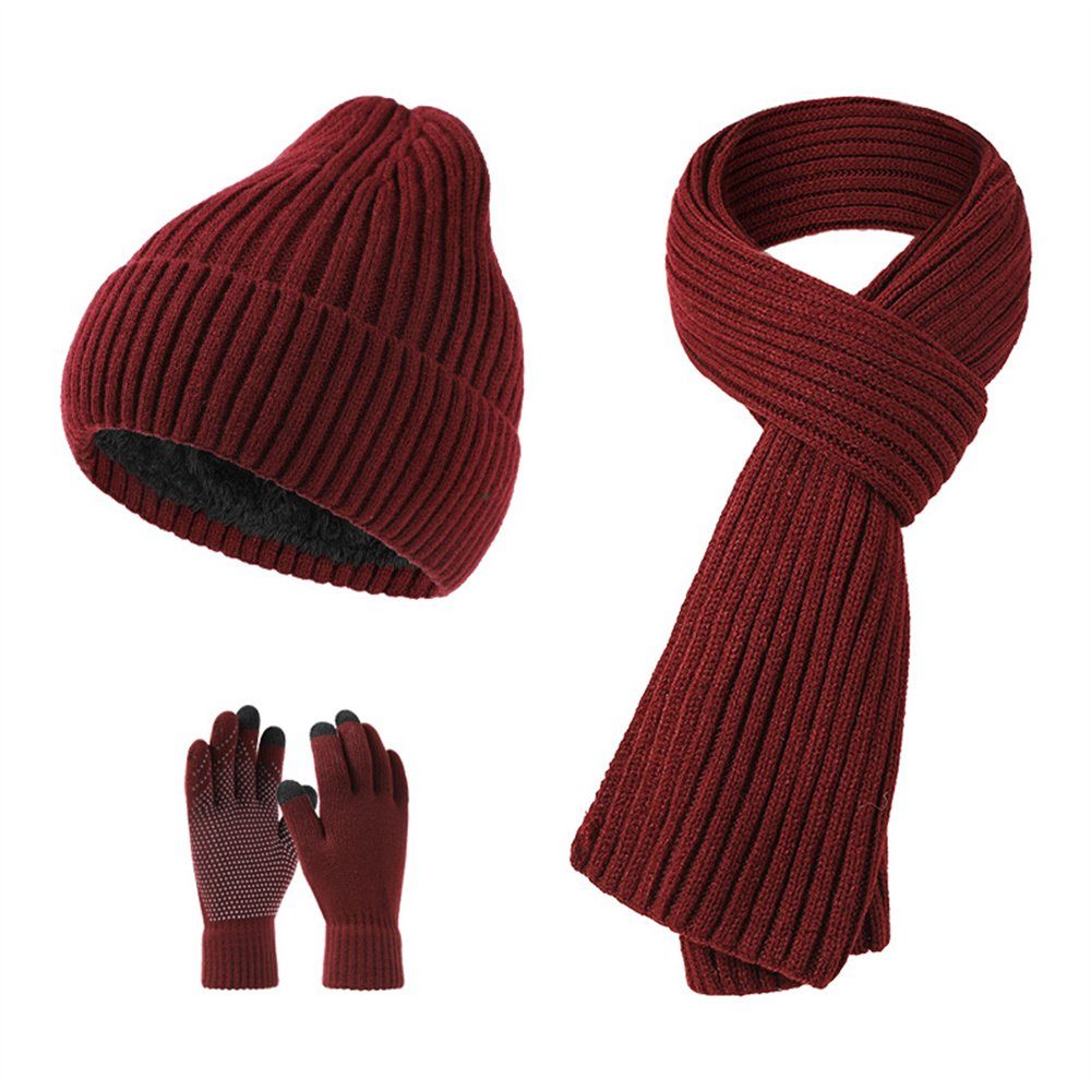 Rouemi Mütze & Schal Mützenset, Kalt Warm Plüsch Mütze Schal Handschuhe Dreiteiliges Set Rot