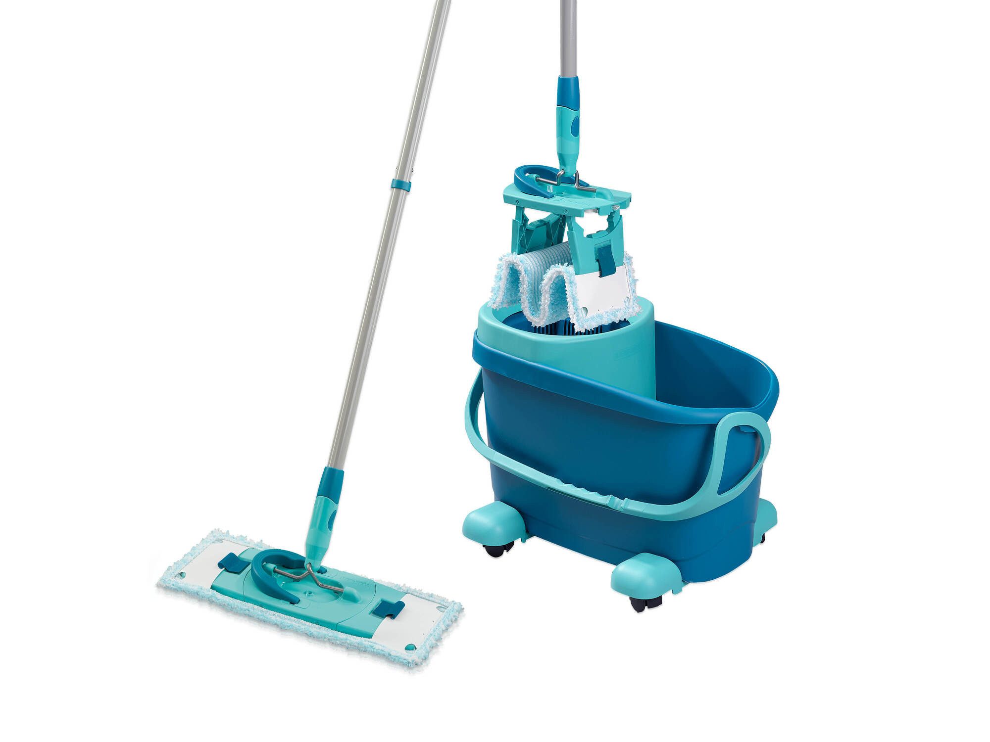 Leifheit Bodenwischer-Set Set CLEAN TWIST M Ergo Mobile, (5-St), Drill-Stiel-Mechanik, längenverstellbar (110-140cm), mit Rollen