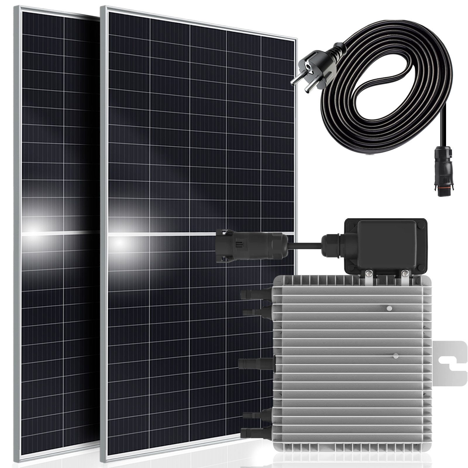 SUNNIVA Balkonkraftwerk Silver Frame 900/800W Solaranlage, (mit 800W Deye Micro Wechselrichter mit WIFI, upgradebar drosselbar, 2x450W Solarmodule, 900W Gesamtleistung, 5m Kabel, steckerfertige Solaranlage mit Solarkabel, Inverter, PV), Photovoltaikanlage Balkon Mini-PV Anlage, Solarpanel