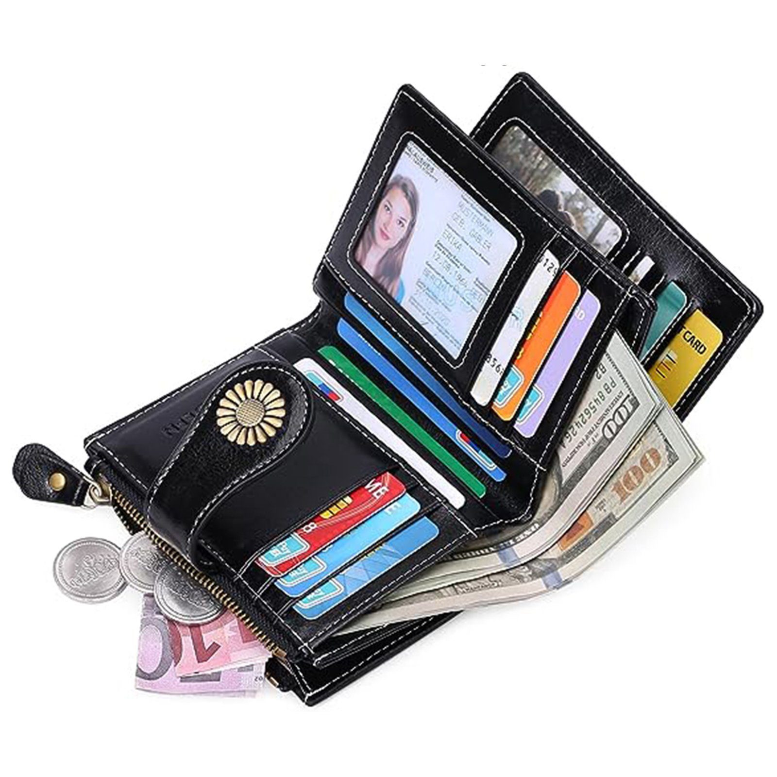Einteilung, Damen RFID-Schutz Geldbörse praktischer Geldbörse, Leder klein, echt mit und Wörleonline schwarz