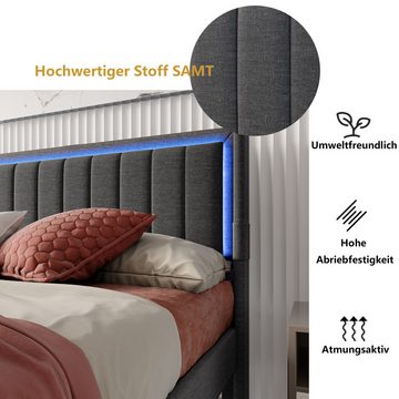 NMonet Polsterbett Stauraumbett, Doppelbett, mit LED-Beleuchtung, USB-Anschlüsse und Schublade, 140x200cm
