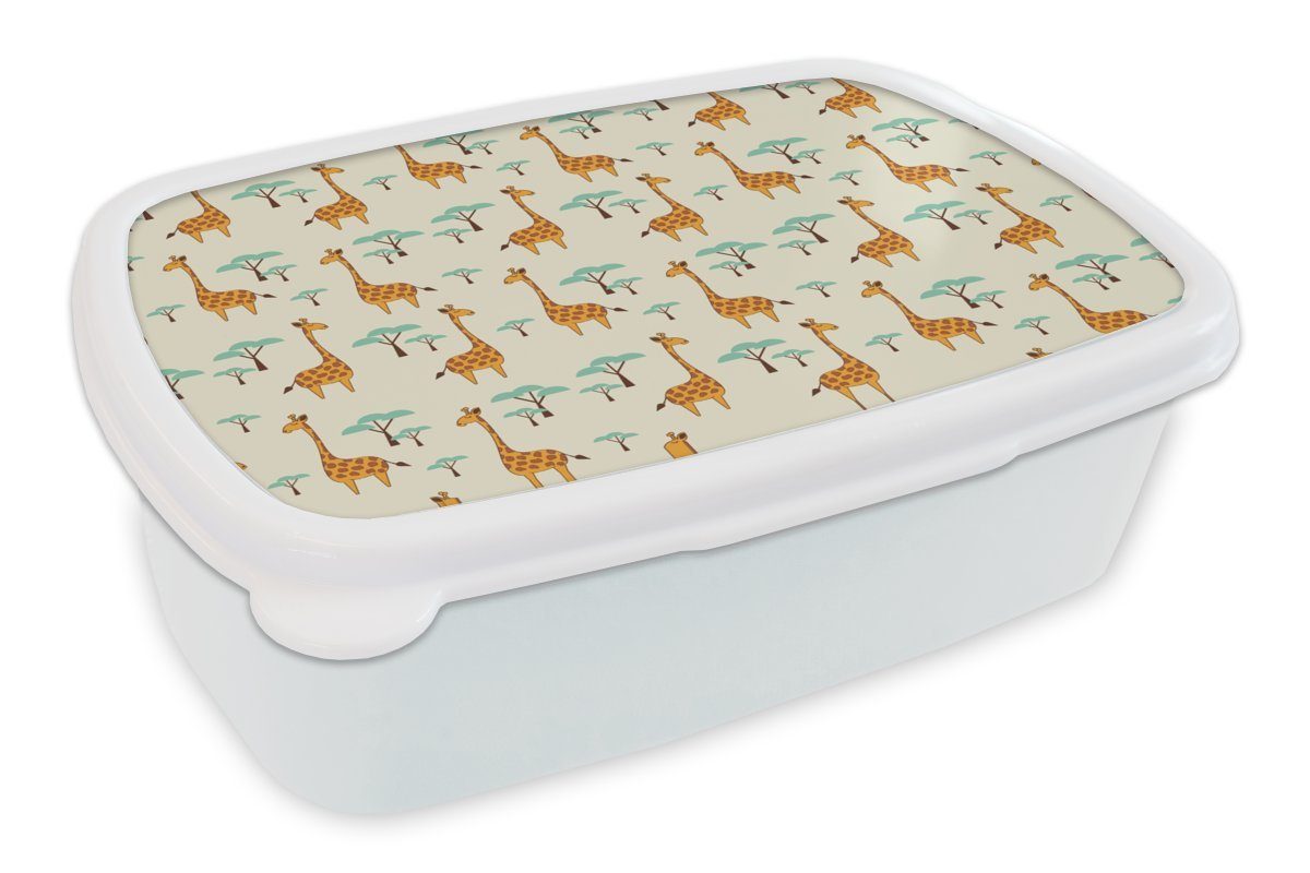 Brotbox Lunchbox Kinder Kunststoff, Erwachsene, (2-tlg), MuchoWow und Mädchen für Giraffe - - Muster, Tiere weiß für und Jungs Brotdose,
