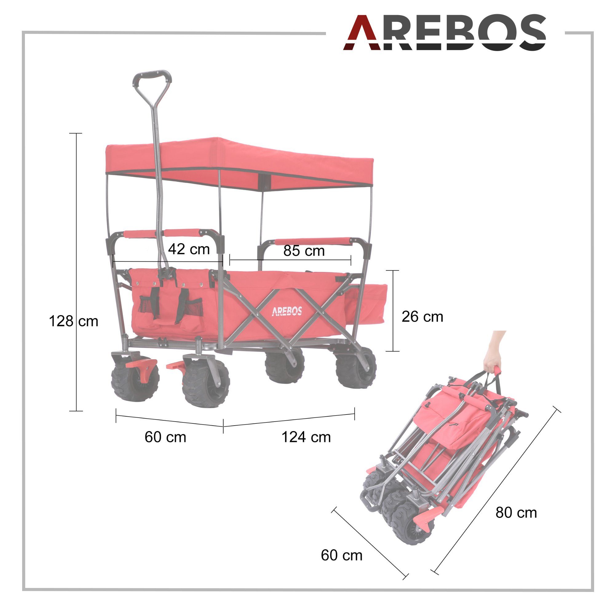 Standard Maße 128 x x Gerätewagen, Arebos Handwagen, Dach, 124 Transportkarre, cm Bollerwagen 60 mit rot