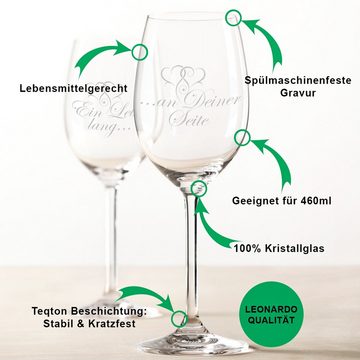 GRAVURZEILE Rotweinglas Leonardo Weinglas Ein Leben lang an Deiner Seite mit Gravur im Set - Geschenk für Paare - Liebesbeweis Liebesgeschenk für Sie/Ihn - Idee als Hochzeitsgeschenk Jahrestag oder zur Verlobung, Glas