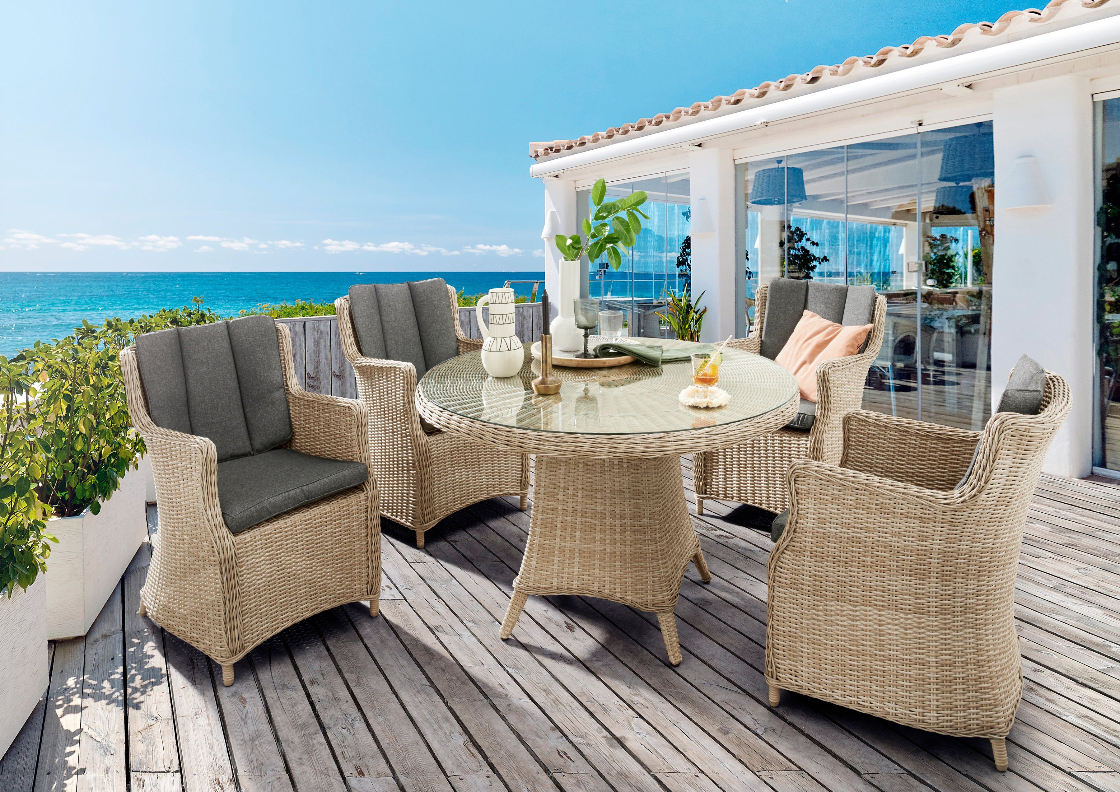 Destiny Garten-Essgruppe LUNA, (13-tlg., 4x Sessel, 1x Tisch, inkl. Auflagen), Aluminium, Polyrattan