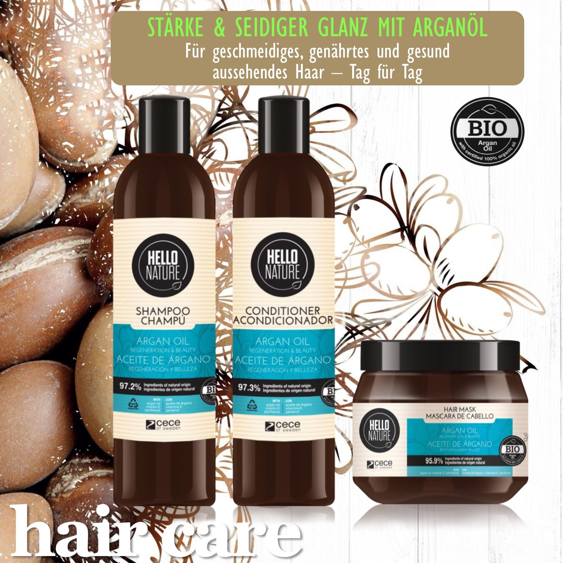 Hello Nature Haarpflege-Set Haar Shampoo Conditioner Set Haarmaske mit Arganöl, Haarpflege, Shampoo, Haarmaske, Haarspülung, Arganöl
