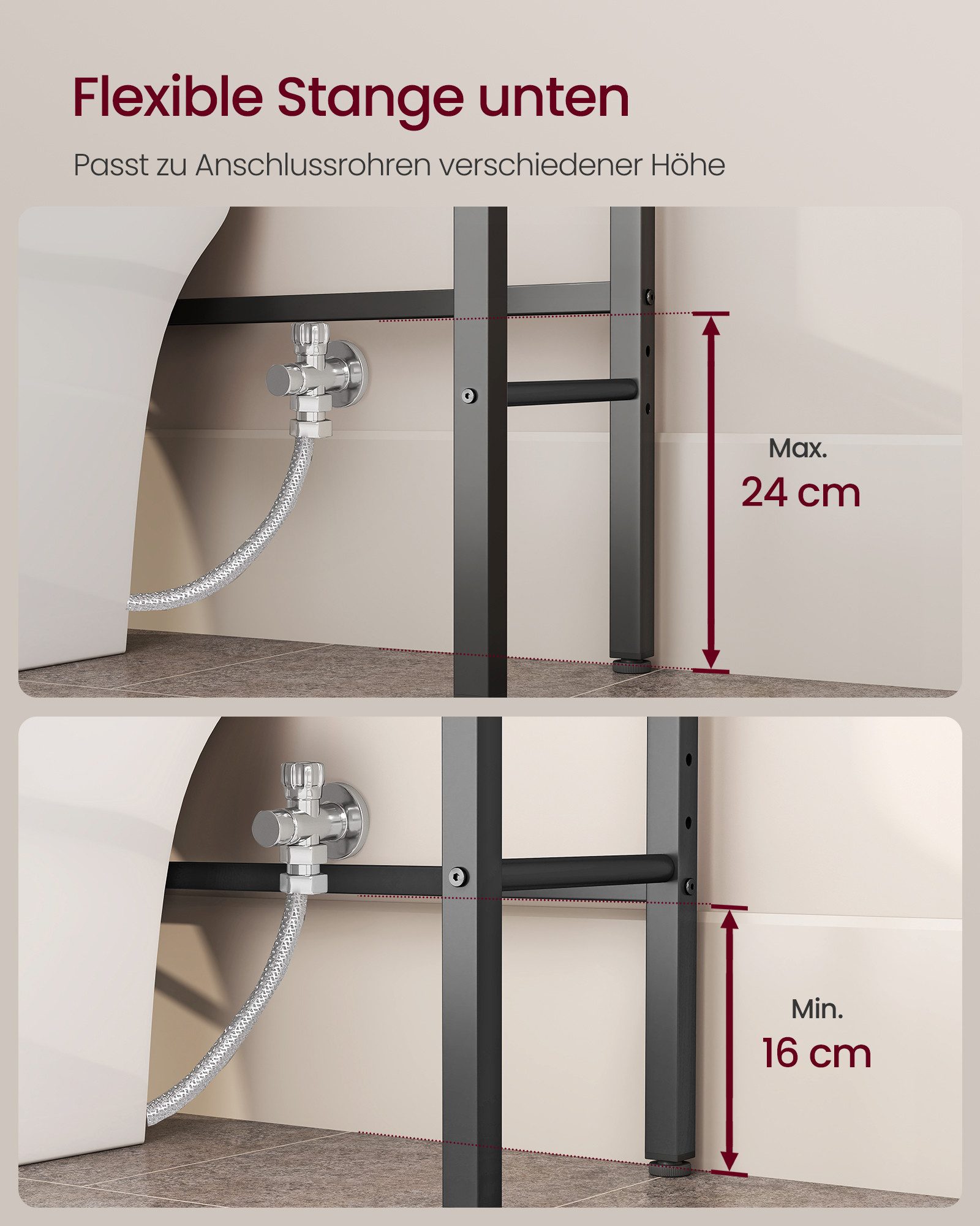 VASAGLE Badregal Badezimmerregal mit verstellbaren Ablagen und Gitterkorb, platzsparend, Toilettenregal, WC-Regal mit Föhnhalter, 3 Haken, 24 x 60 x 173 cm – Bild 5 von 5