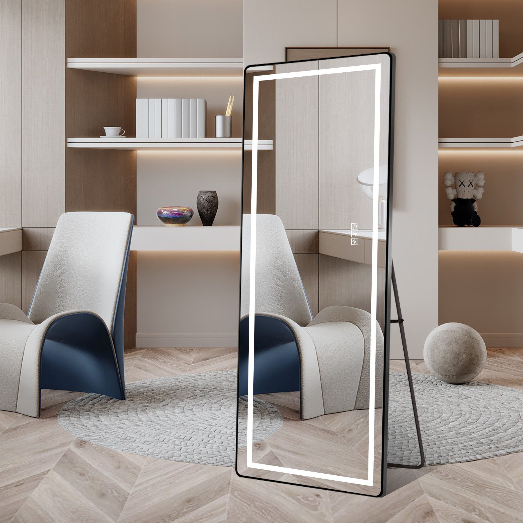 OKWISH Ganzkörperspiegel Smart Mirror for Modern Home Decor (LED Standspiegel– 3‑Farb‑Dimmung Schwarz, 1-St., 163 × 54 cm)