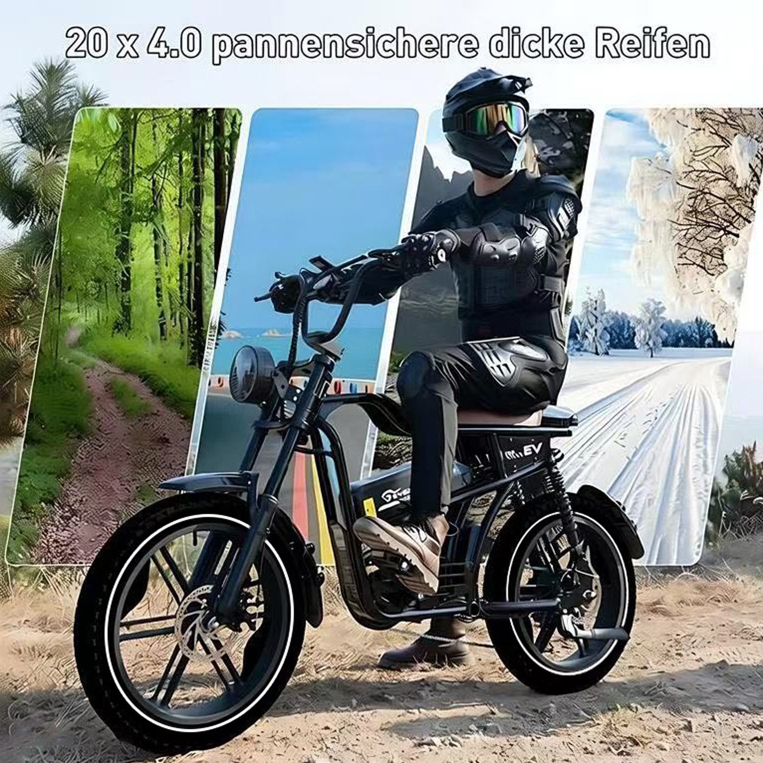 EVERCROSS TECH E-Bike EK30 20” x 4,0 fette Reifen MTB, 48V 15AH Removable Battery, NFC, 7 Gang, Heckmotor, 720 Wh, bis 55-100km, 7 Gang Shimano, Kettenschaltung, Heckmotor