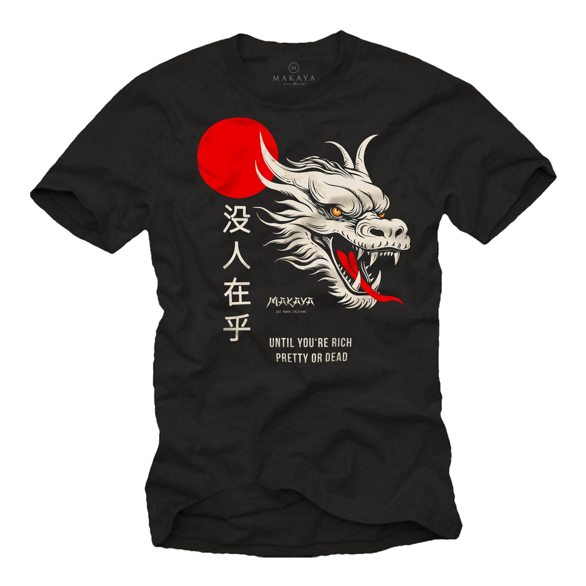 MAKAYA Print-Shirt mit Chinesischen Drachen Spruch Nobody Cares Dragon Schriftzeichen Coole Geschenke Schwarz