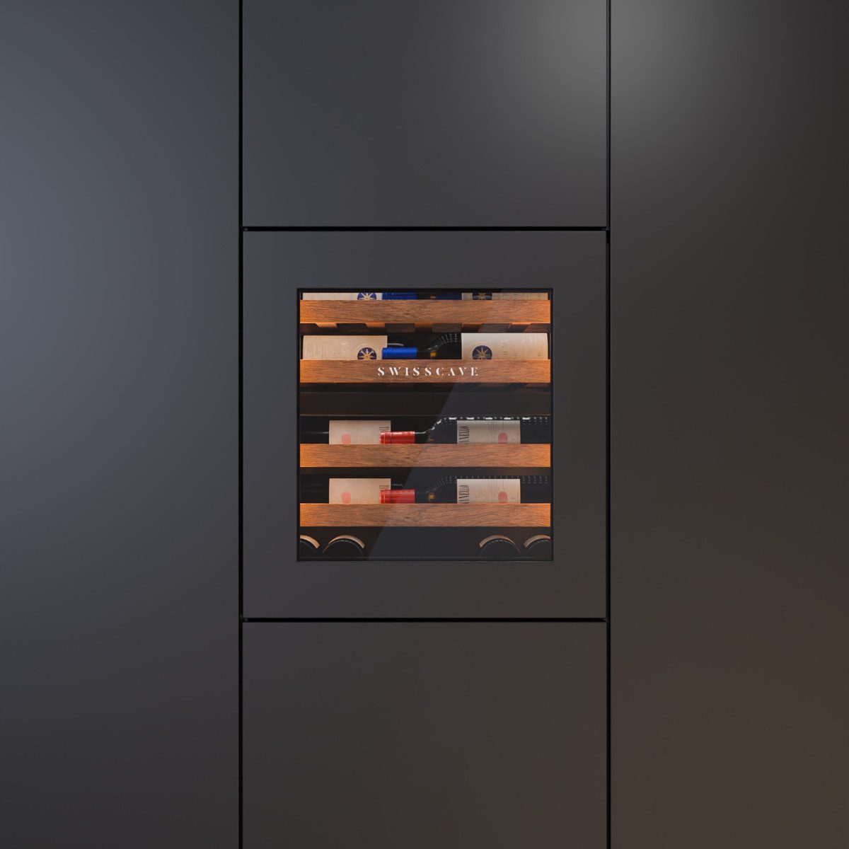 Swisscave Einbauweinkühlschrank WIB-60DFP. 2-Zonen Weinkühlschrank, 60cm, 26 Flaschen, Panel ready, für 26 Standardflaschen á 0,75l,Panel Ready Design, umschaltbare Beleuchtung in Weiß, Blau, Amber.