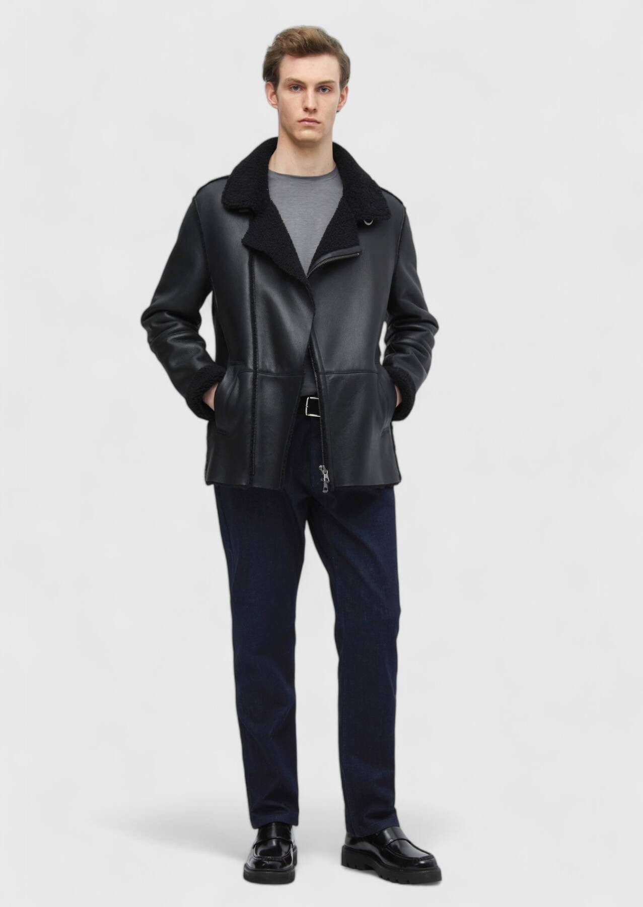 RAMSEY Winterjacke Schwarzer Pelzledermantel günstig online kaufen