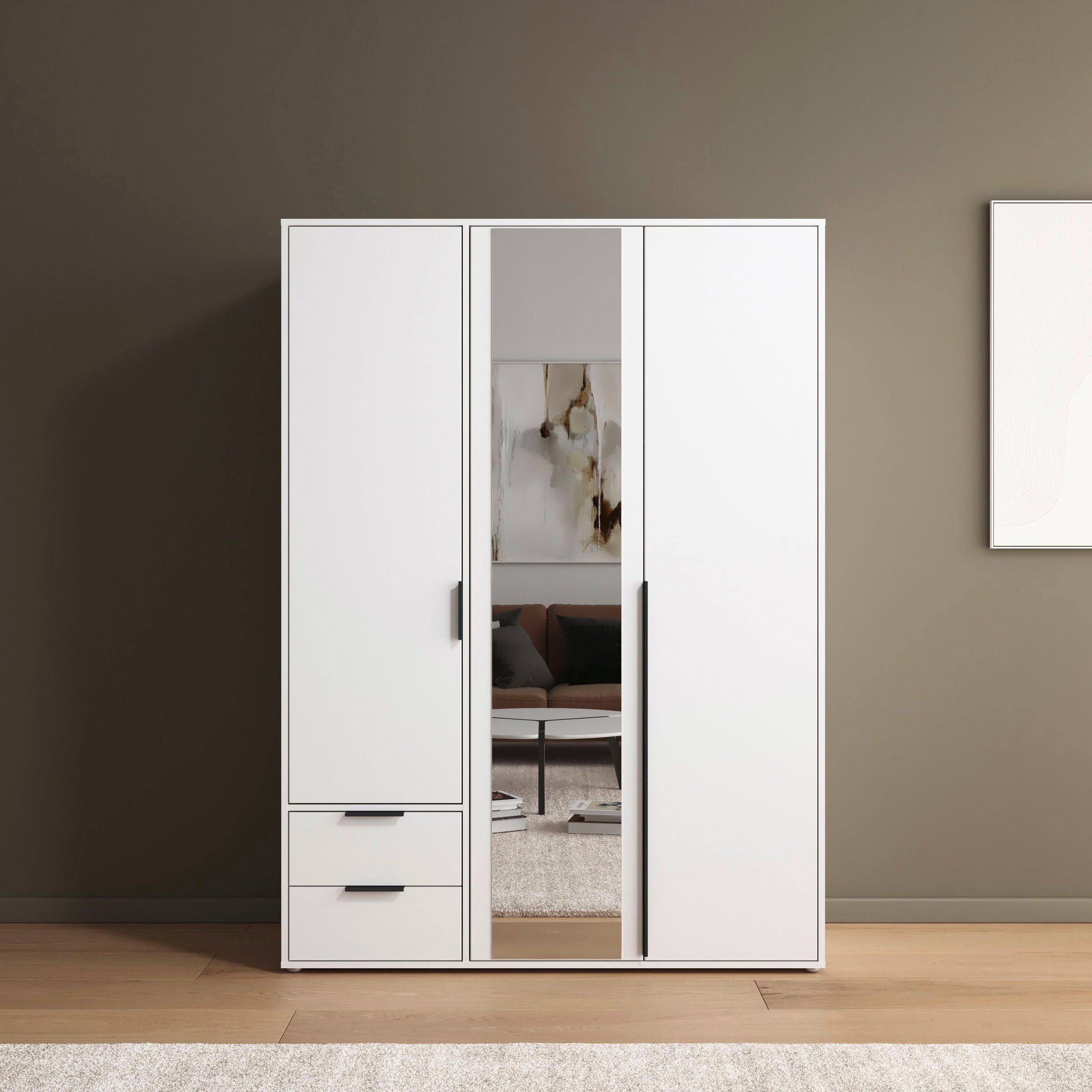 rauch Drehtürenschrank Kleiderschrank Schrank Garderobe Wäscheschrank NAGATA mit Spiegel (in 3 verschiedenen Ausstattungen BASIC/CLASSIC/PREMIUM) und Schubladen sowie Stangengriffen TOPSELLER MADE IN GERMANY