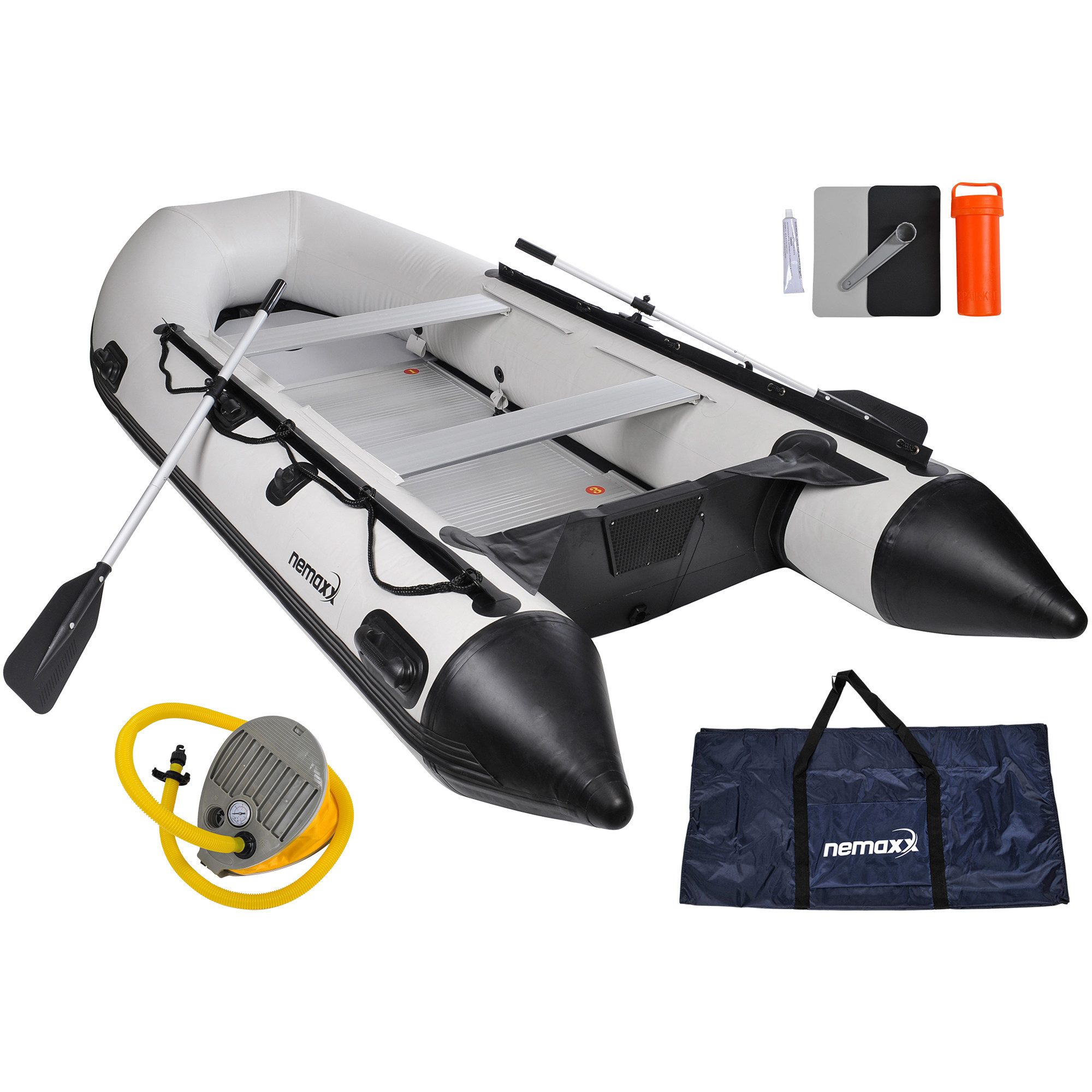 NEMAXX Schlauchboot [INKL.2 PADDEL,TASCHE+LUFTPUMPE] – Paddelboot 380 cm für 7 Personen, (2 PADDEL/TASCHE/LUFTPUMPE/Reparatur-Set/Sitzbank/Gebrauchsanleitung), Aufblasbarer Hochdruckboden/Für Motoren bis 22 kW (30 PS)/Alu-Paddel