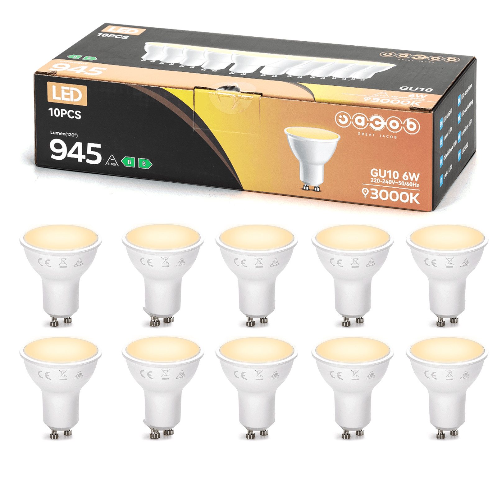 Great Jacob LED-Leuchtmittel GU10 LED Lampe,  Glühbirnen Warmweiß 3000K,  6W Ersetzt 128W,  945Lm