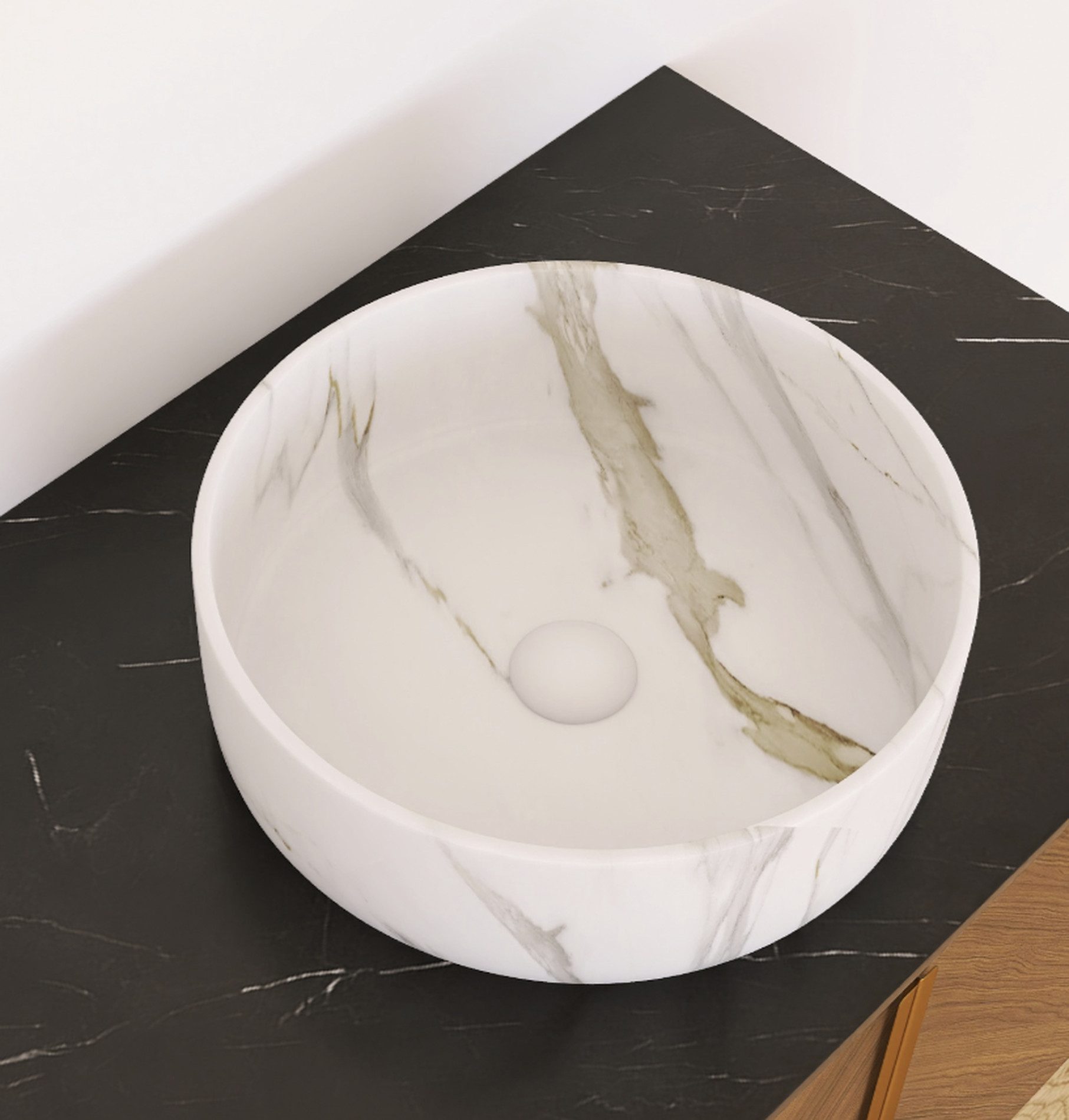 Odikalo Waschtisch (Rundes Waschbecken (36 cm) mit Steinoptik, ohne Armatur, Ablaufgarnitur und Unterschrank, mattweiß)