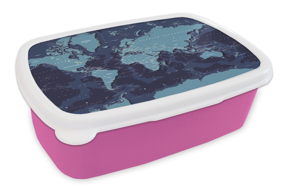 MuchoWow Lunchbox Weltkarte - Abstrakt - Blau, Kunststoff, (2-tlg), Brotbox für Erwachsene, Brotdose Kinder, Snackbox, Mädchen, Kunststoff rosa