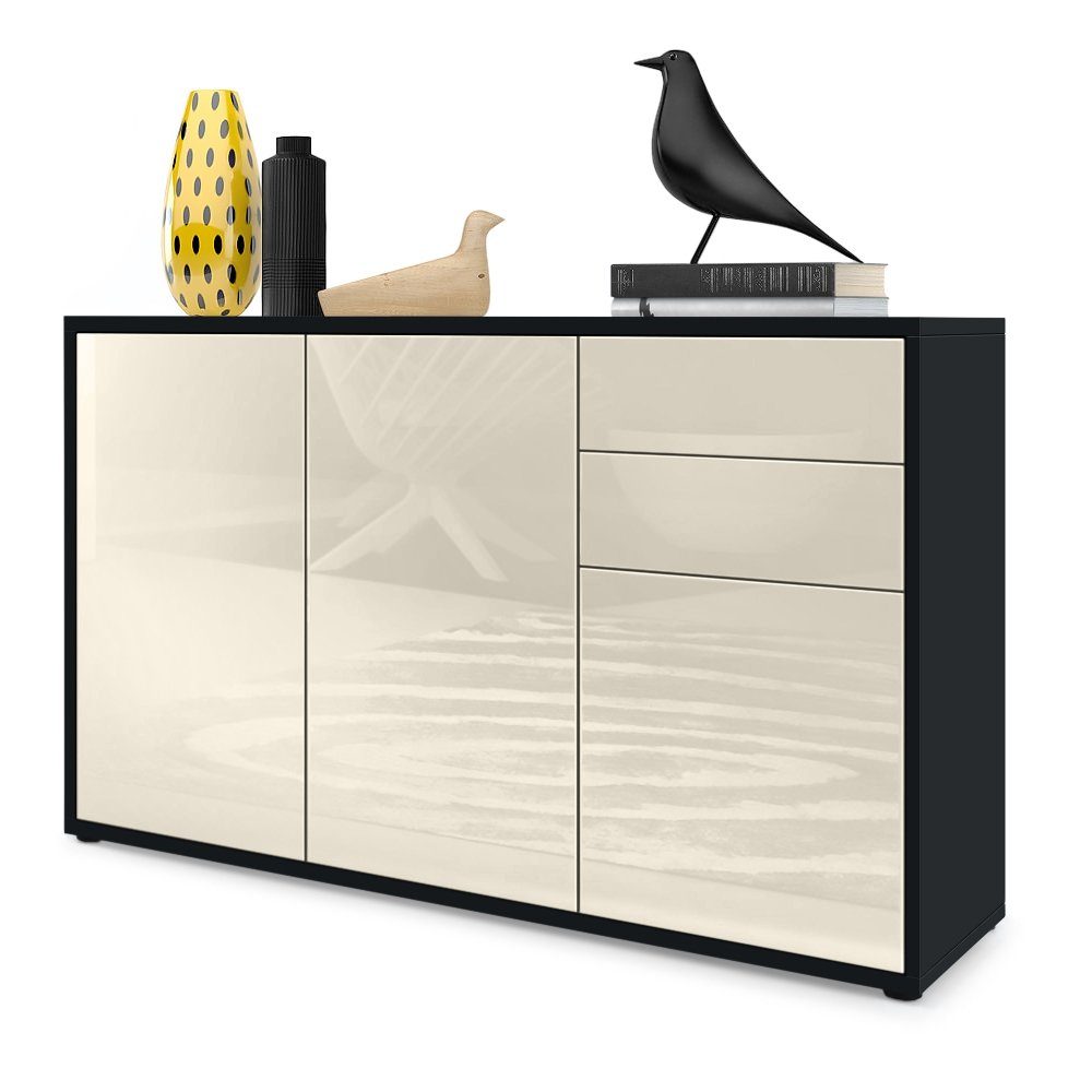 Vladon Kommode Ben V3 (Kommode, mit 3 Türen und 2 Schubladen), Schwarz matt/Creme Hochglanz (117 x 74 x 36 cm)