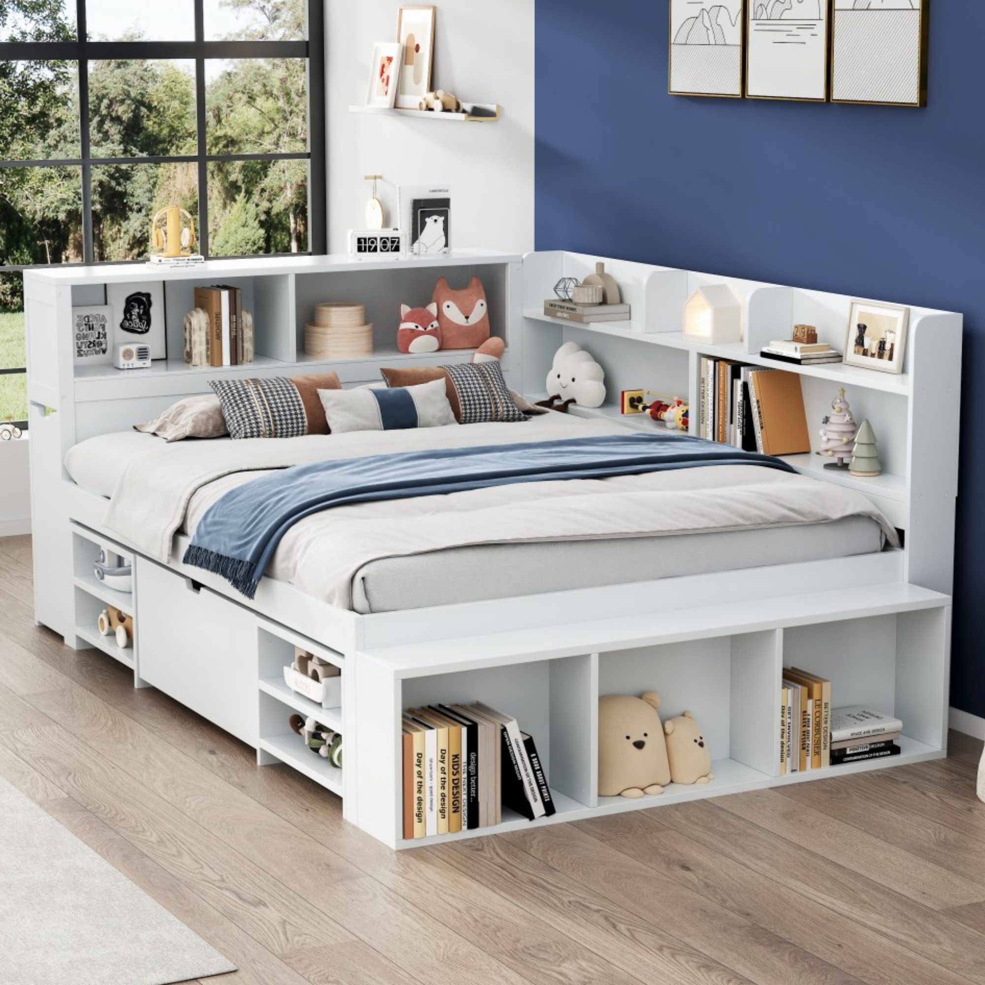 i@home Stauraumbett Stauraumbett 90/140x200 cm mit Regal & Schubladen, Multifunktion weiß (4-tlg), Multifunktionales Bett mit Regal und Stauraum – Bild 2 von 5