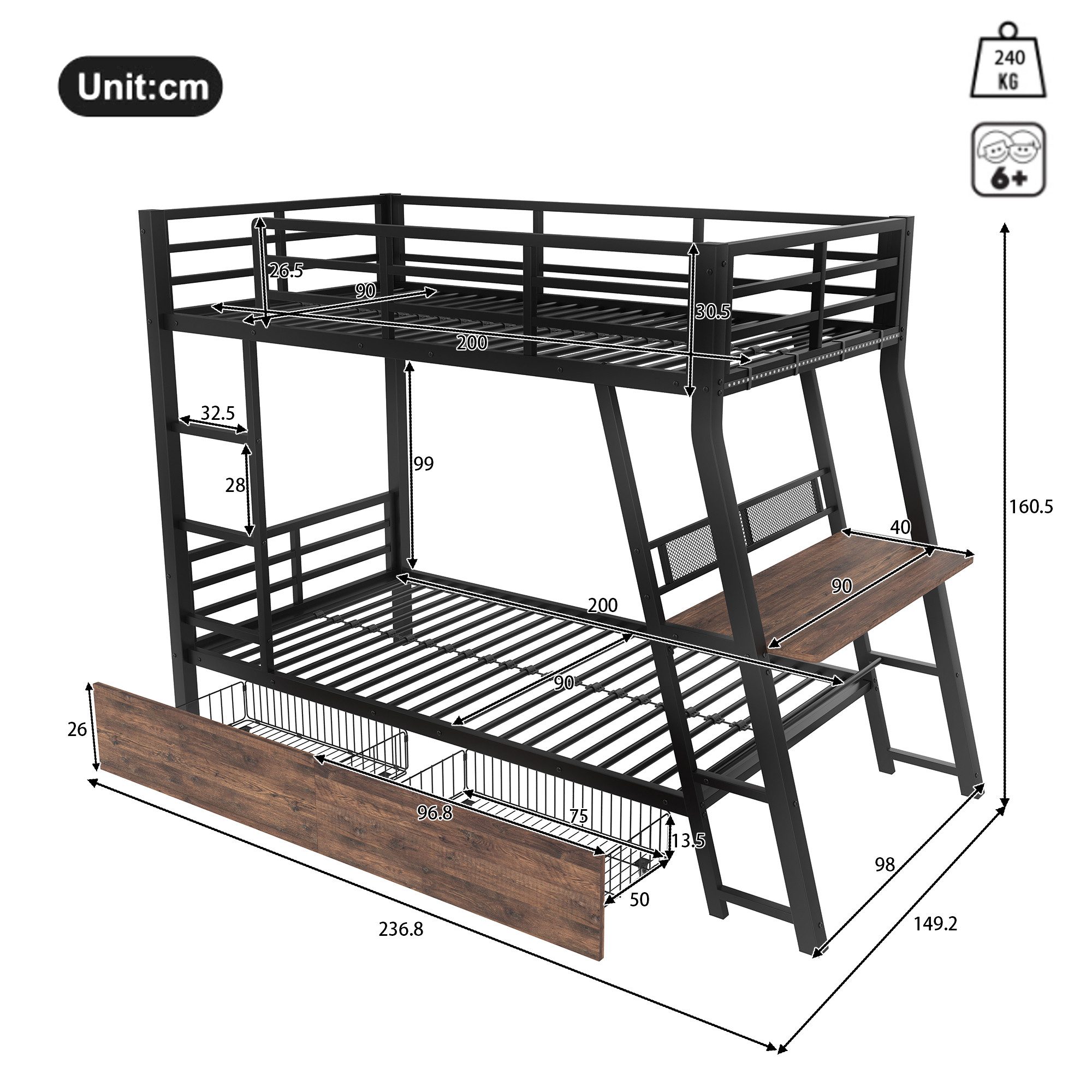 Flieks bunk bed, LED metal bed 90x200cm with fall protection, desk, drawers