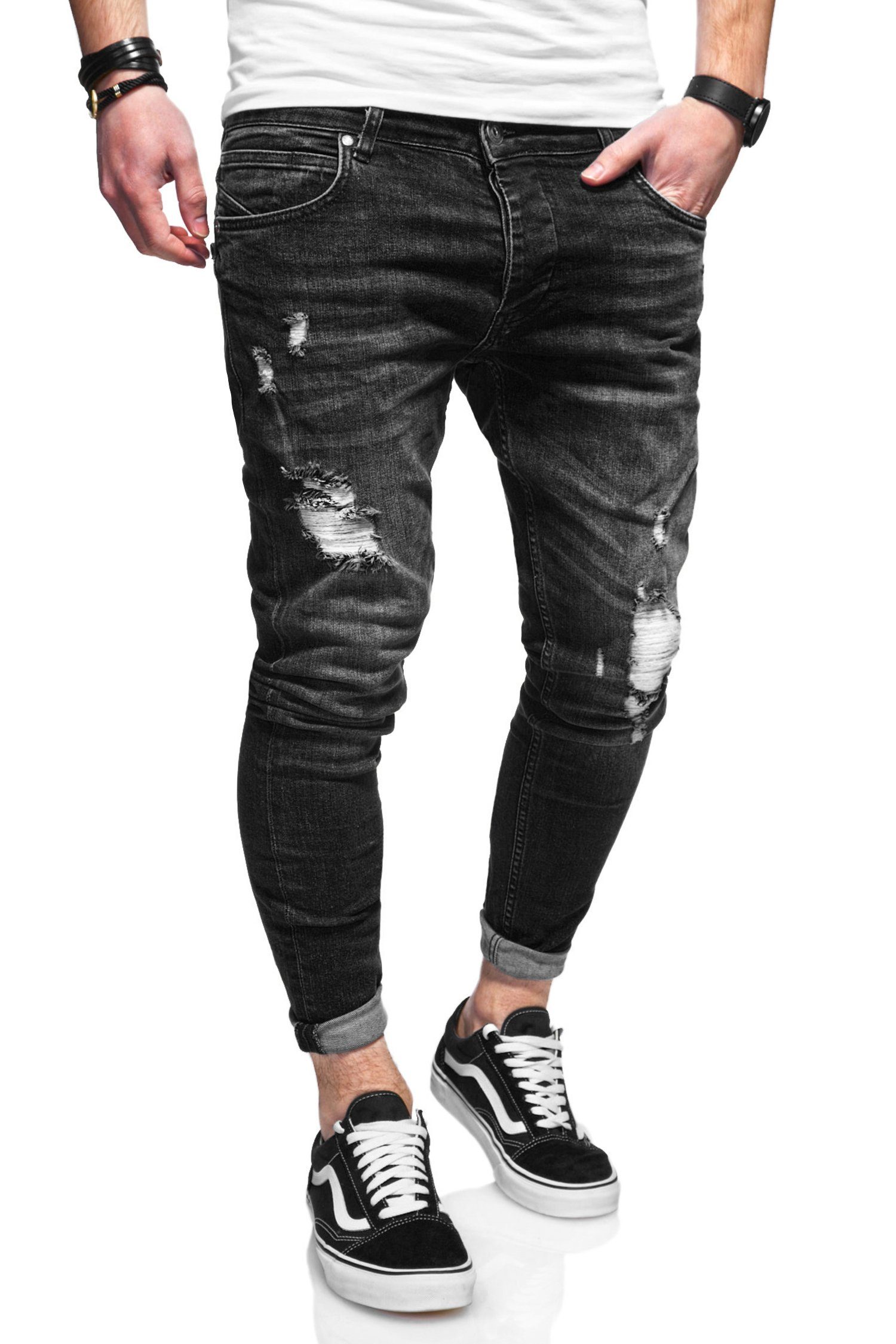 behype Slim-fit-Jeans ODIN mit Destroyed-Parts schwarz