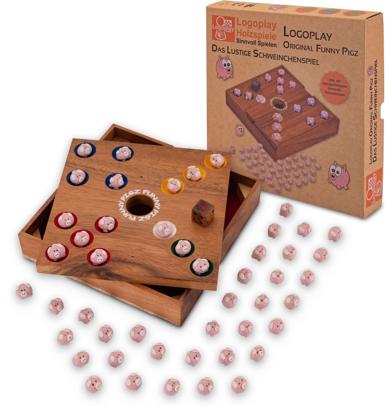 Logoplay Holzspiele Spielesammlung, Original Funny Pigz – Lustiges Schweinchen-Würfelspiel aus Holz & Keramik für 2–6 SpielerHolzspielzeug