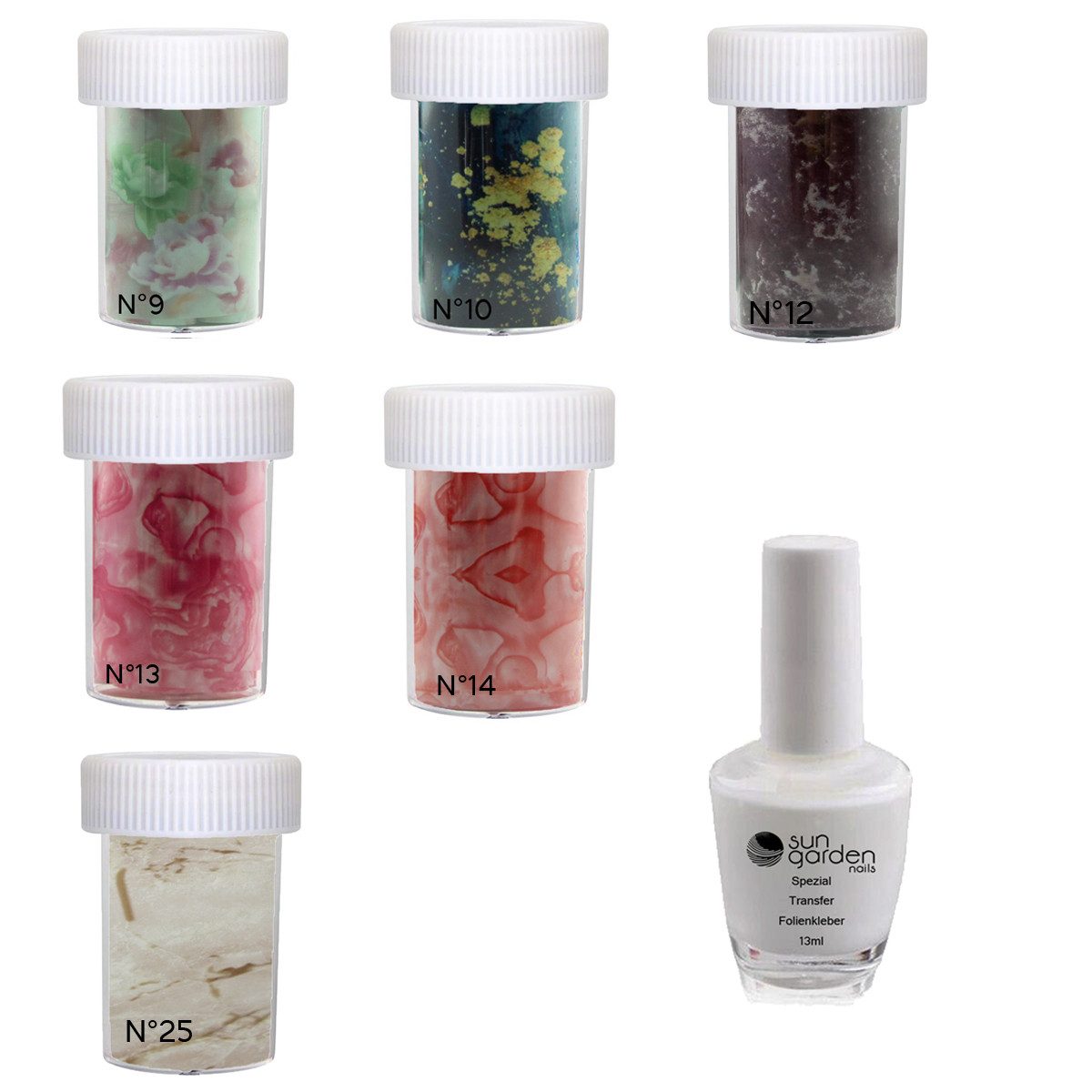 Sun Garden Nails Nageldesign Zubehör 6 x Nagelfolie + Nagelkleber MARBLE SET 8 - Nail Art Folie, für Finger- und Fußnägel