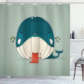 Abakuhaus Duschvorhang Moderner Digitaldruck mit 12 Haken auf Stoff Wasser Resistent Breite 175 cm, Höhe 180 cm, Walfisch Kätzchen Essen Große Fische