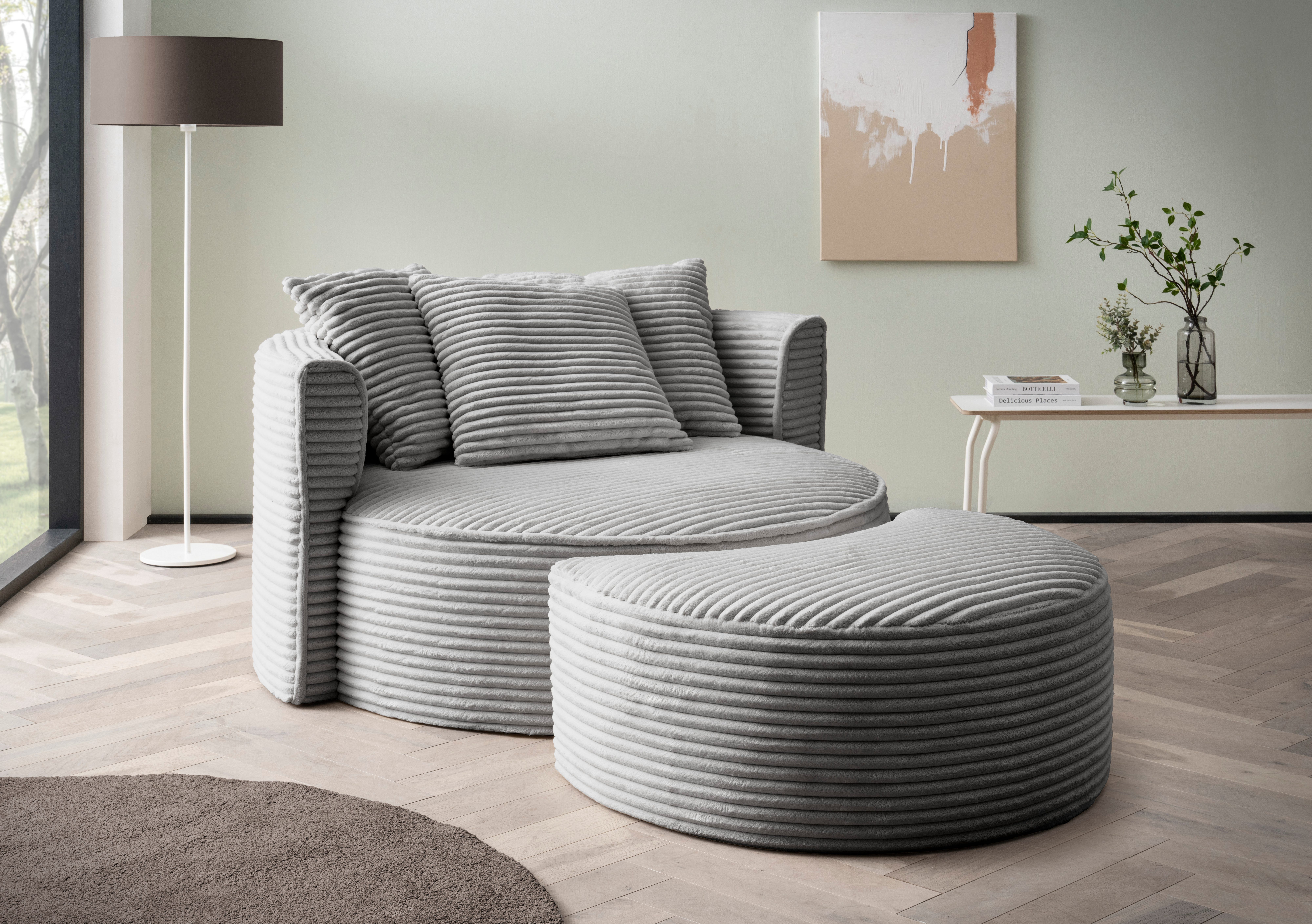 LeGer Home by Lena Gercke XXL-Sessel ISALIE, Rundsessel mit Hocker, Lesesessel, Loveseat, Big-Sessel (Set), trendige Stoffe, 3 Zierkissen, große Sitzfläche, Cord, Samt, Bouclé