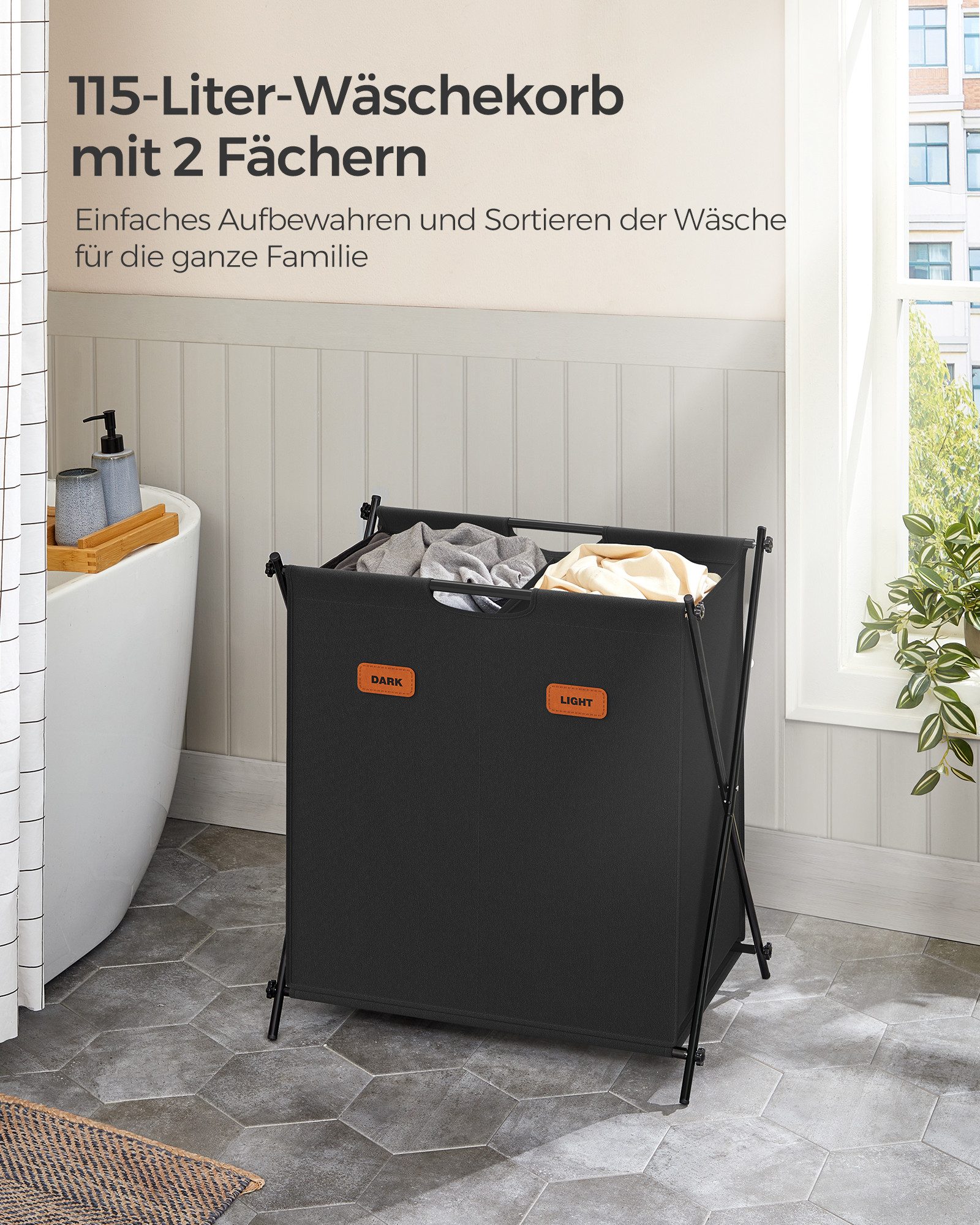 SONGMICS Wäschekorb, Wäschesammler 115 Liter, Wäschebox, klappbares X-Gestell
