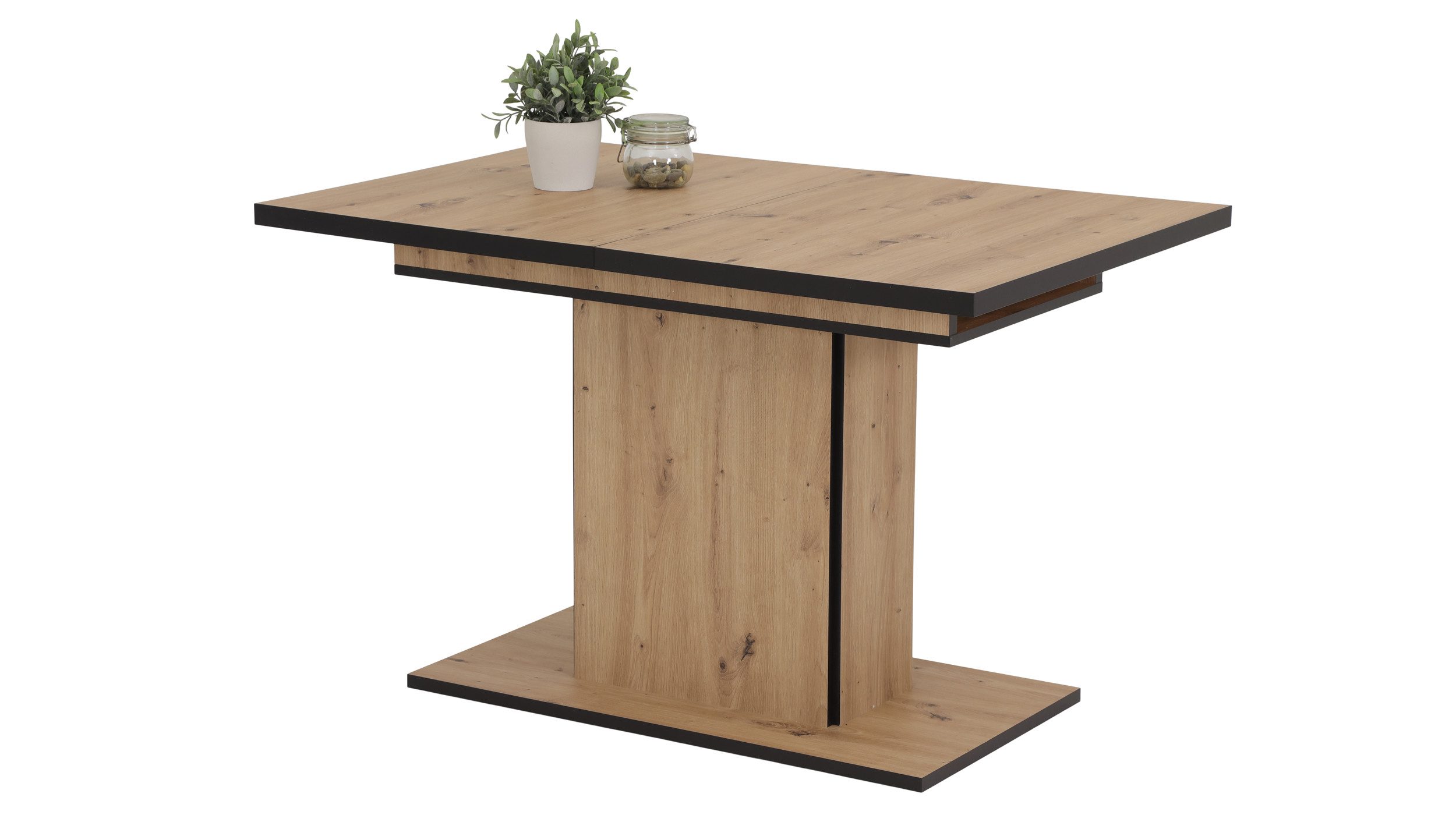 Die Möbelfundgrube® Säulen-Esstisch ARIANA 160 - 200 cm ausziehbar / Artisan Eiche / Synchronauszug, Einlegeplatte / Arretierung / Tischplattenstärke 32 mm