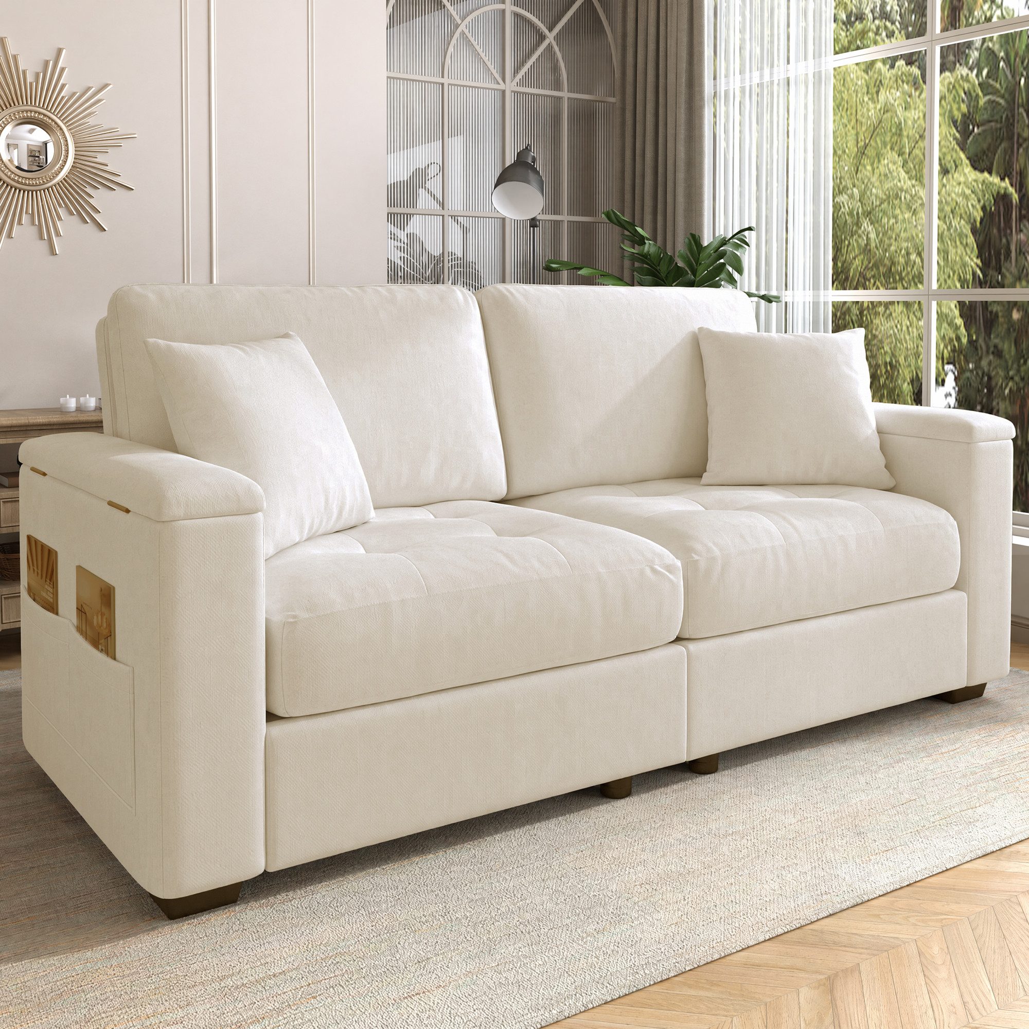 HAUSS SPOLE Loungesofa Zweisitzer mit Kissen & Holzrahmen,Relaxsofa aus Chenille in Beige, 2-Sitzer Wohnzimmersofa mit Chenille-Stoff Oberfläche und Armlehnen Stauraum, belastbar bis 500 kg