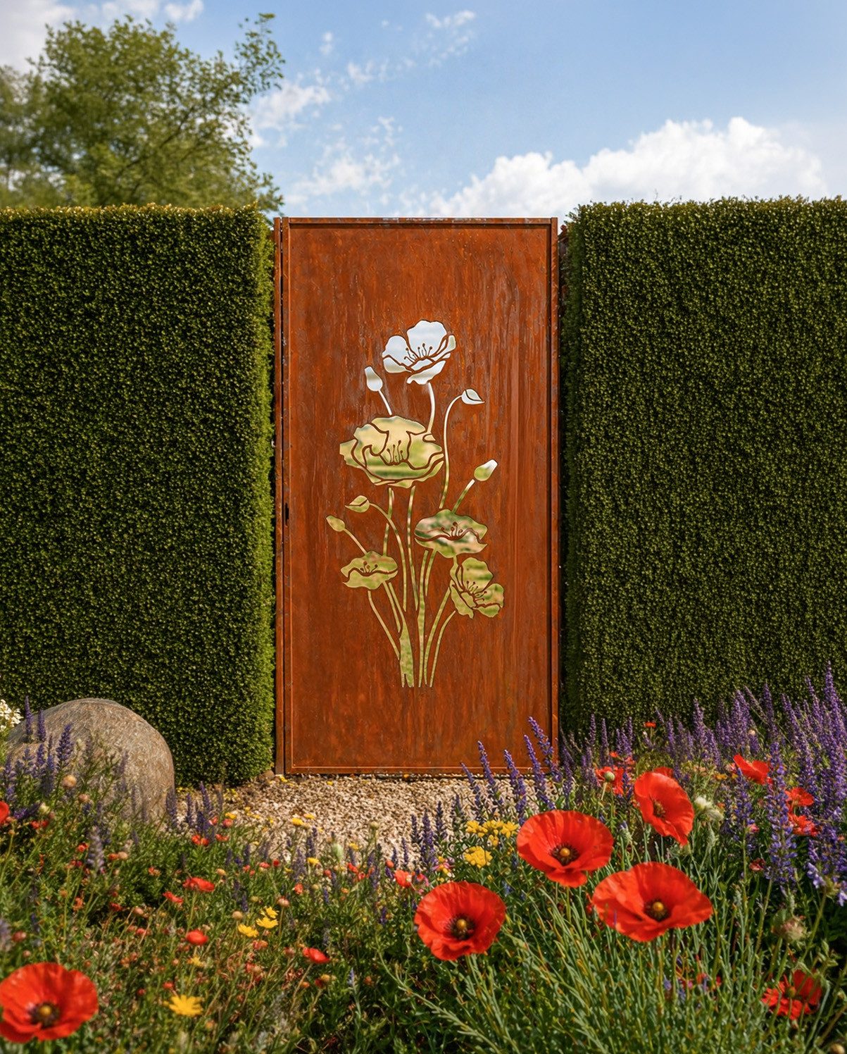 BADEKO Sichtschutzelement Sichtschutz Paravent Mohnblume 200x100cm Edelrost Cortenstahloptik
