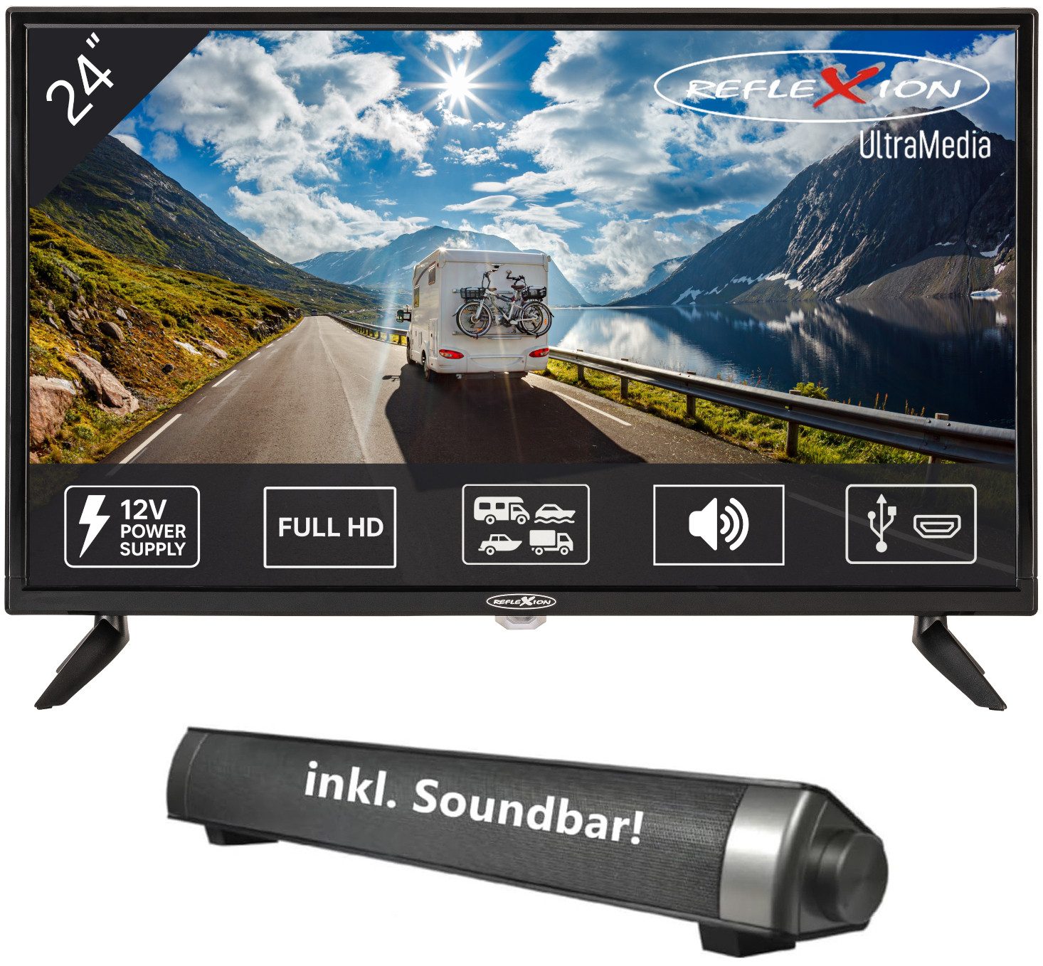 Reflexion LED2425 LED-Fernseher (60,00 cm/24 Zoll, Full HD, DC IN 12 V, Netzteil 230 V, DVB-T2HD / S2 / C, CI+SLOT, PVR)