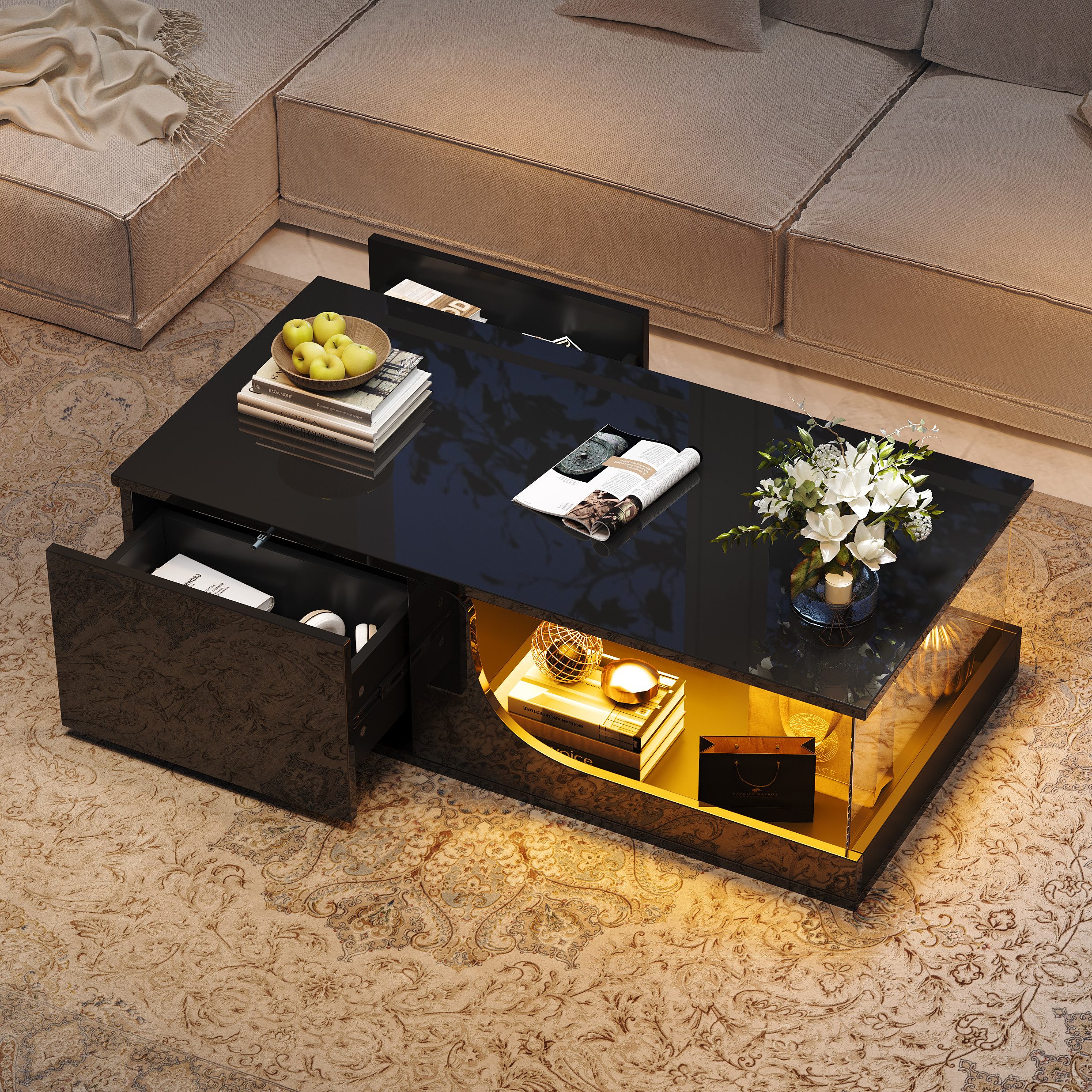 Merax Couchtisch Sofatisch Beistelltisch mit LED-Beleuchtung (1-St., 100*50*30 cm), Wohnzimmertisch mit 2 Schubladen,Hochglanz-Oberfläche, gehärtetem Glas