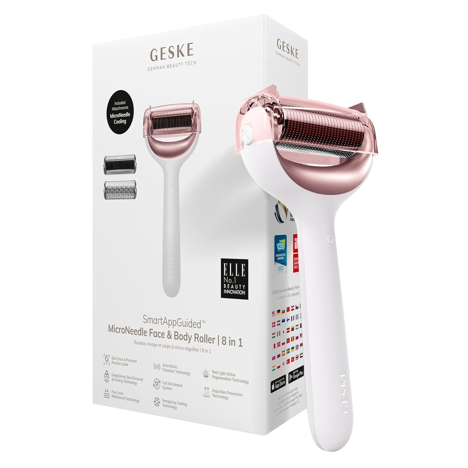 GESKE German Beauty Tech Dermaroller SmartAppGuided™ MicroNeedle Face & Body Roller 8 in 1 – Elektrischer, Beauty-Set, Geräte-Set, Pflege-Set, Kosmetikgeräte-Set, Komplettset, Beauty-Gerät mit Zubehör, Starter-Set, SmartAppGuided™ Technologie, elektrisches Beauty-Device