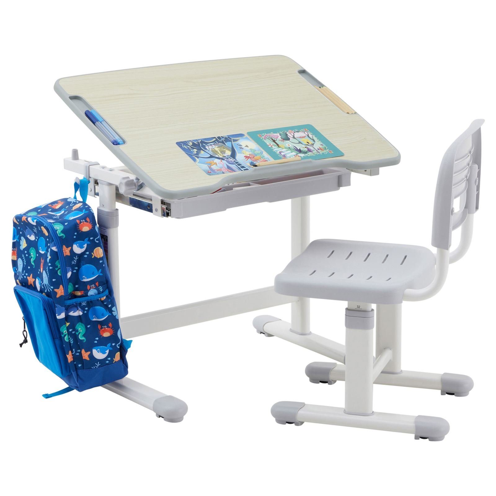 CARO-Möbel Schreibtisch TUTTO, Kinderschreibtisch mit Stuhl in Sonoma Eiche/grau höhenverstellbar und