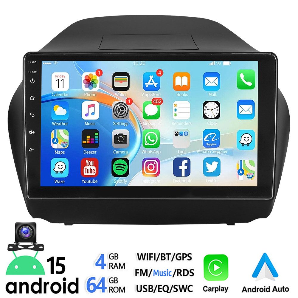 ESSGOO DAB+ 10'' Android 15 Für Hyundai iX35 10-15 Carplay Bluetooth GPS WiFi Autoradio (RDS, 4+64GB(optional), FM, AM, DAB+ (optional), Apple Carplay Android Auto GPS Navi WIFI BT EQ)