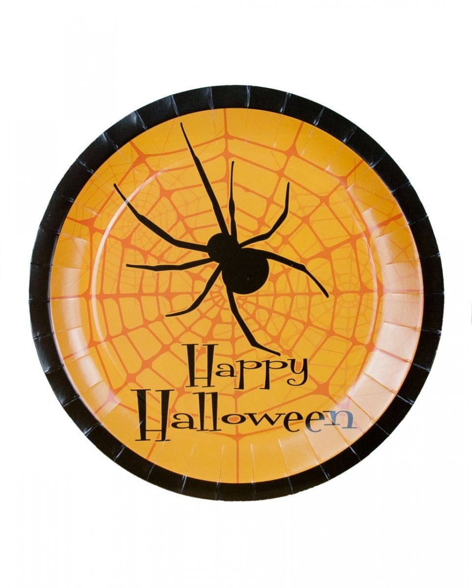 Horror-Shop Dekofigur Halloween Partyteller orange-schwarz mit Spinnenmo